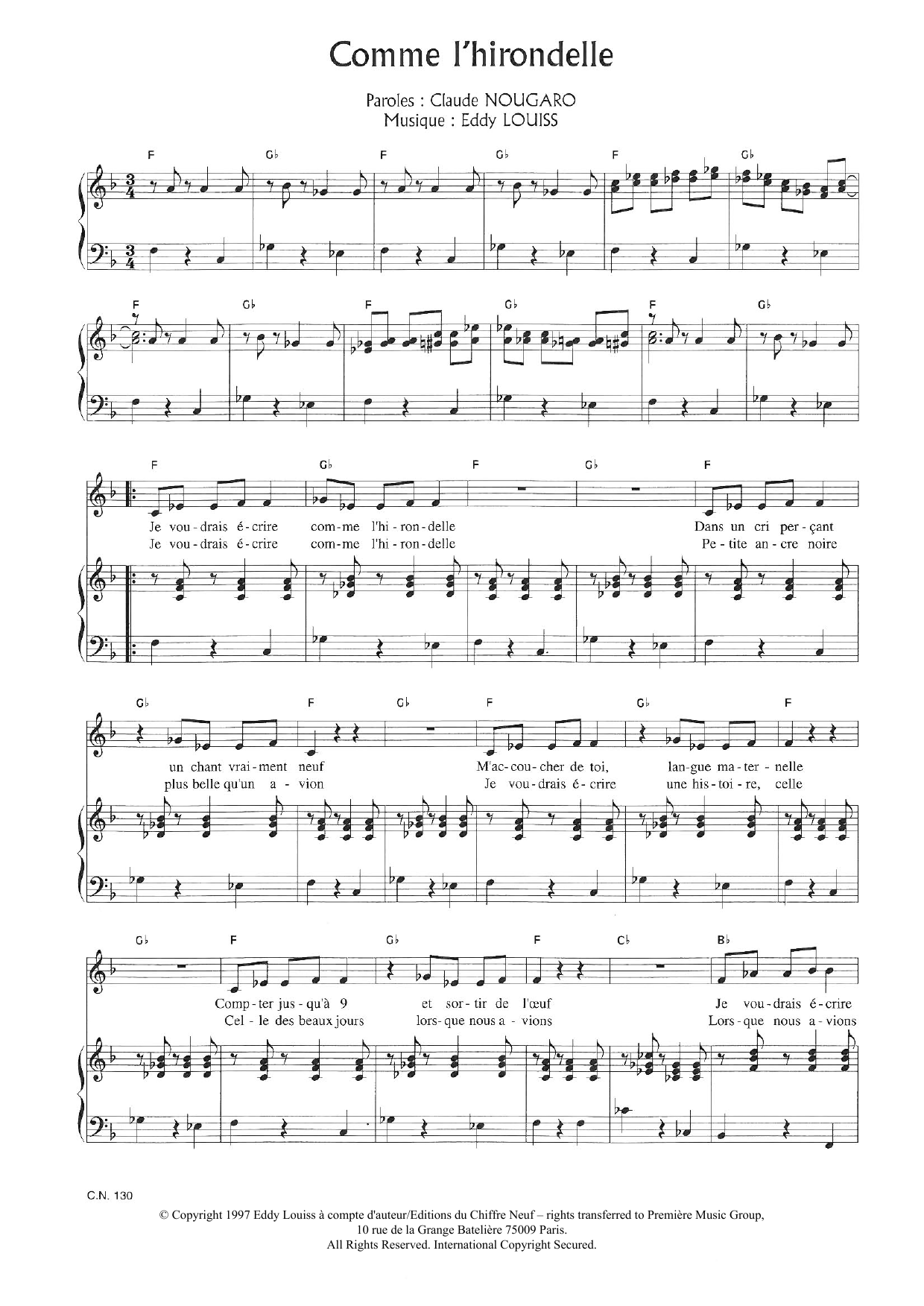 Download Claude Nougaro Comme L'hirondelle Sheet Music and learn how to play Piano & Vocal PDF digital score in minutes