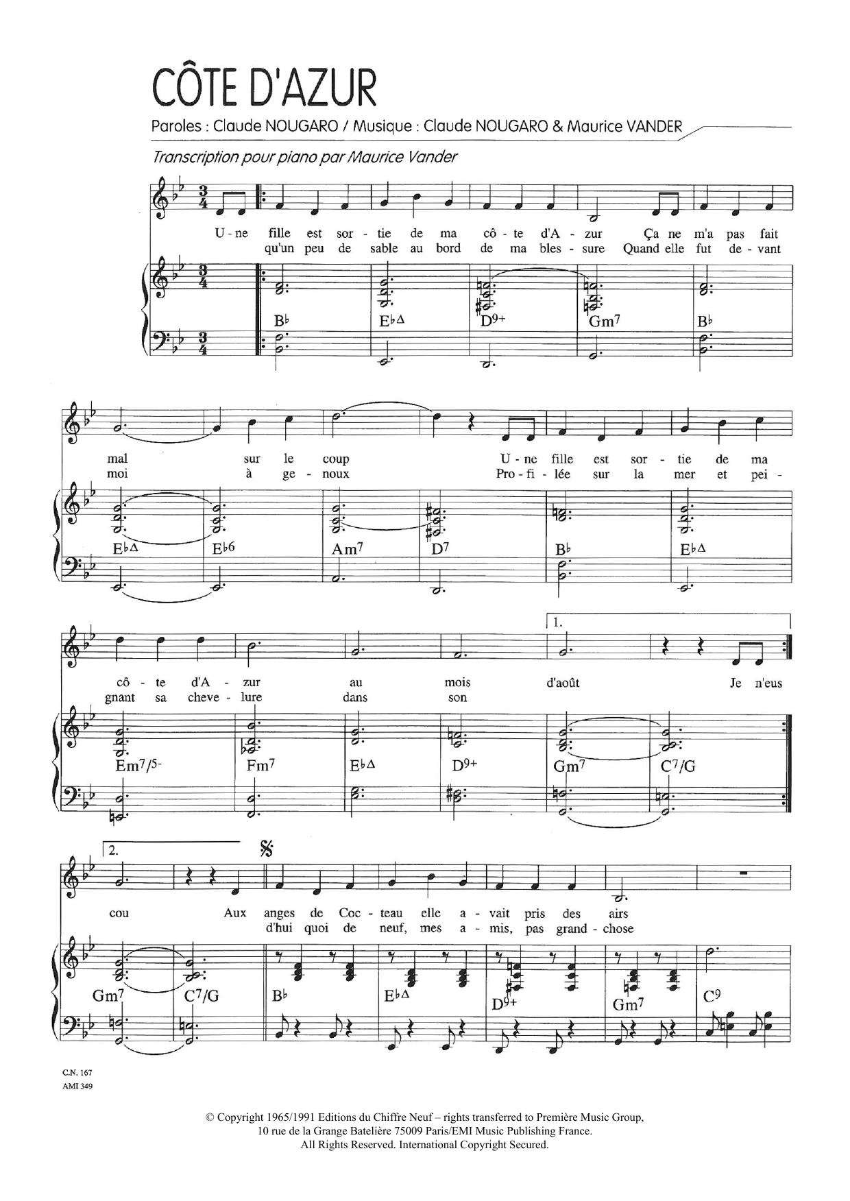 Download Claude Nougaro Cote D'azur Sheet Music and learn how to play Piano & Vocal PDF digital score in minutes