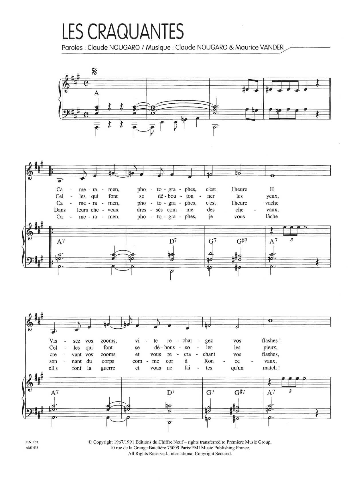 Download Claude Nougaro Craquantes Sheet Music and learn how to play Piano & Vocal PDF digital score in minutes