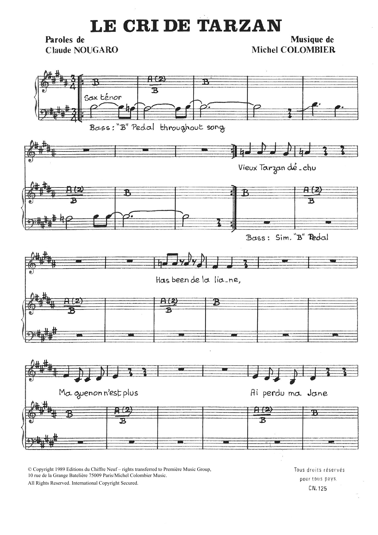 Download Claude Nougaro Cri De Tarzan Sheet Music and learn how to play Piano & Vocal PDF digital score in minutes