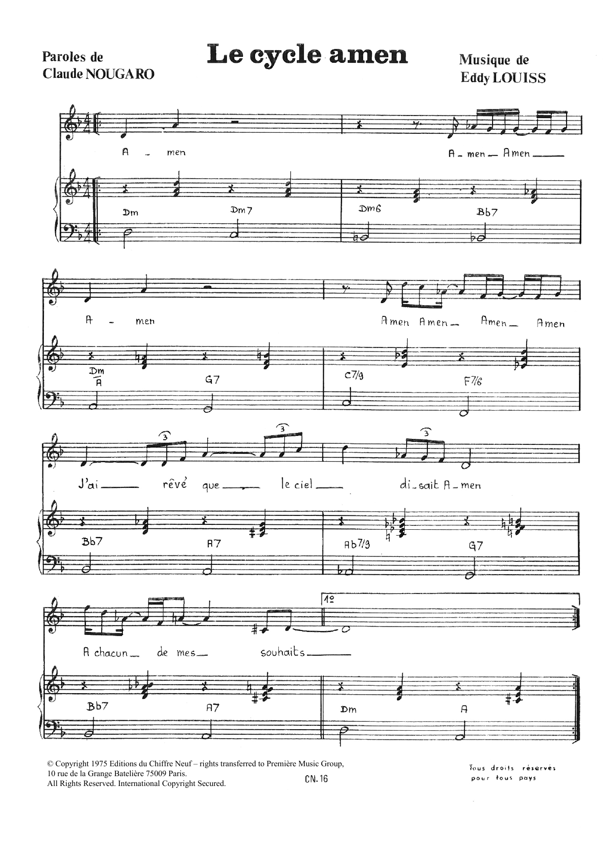 Download Claude Nougaro Cycle Amen Sheet Music and learn how to play Piano & Vocal PDF digital score in minutes