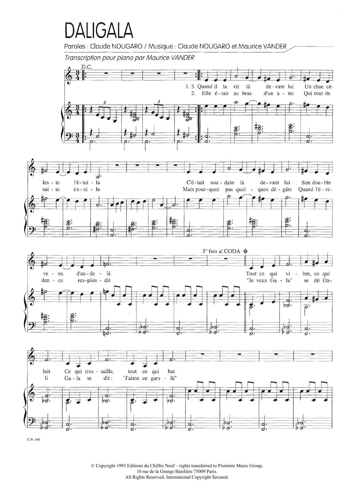 Download Claude Nougaro Daligala Sheet Music and learn how to play Piano & Vocal PDF digital score in minutes