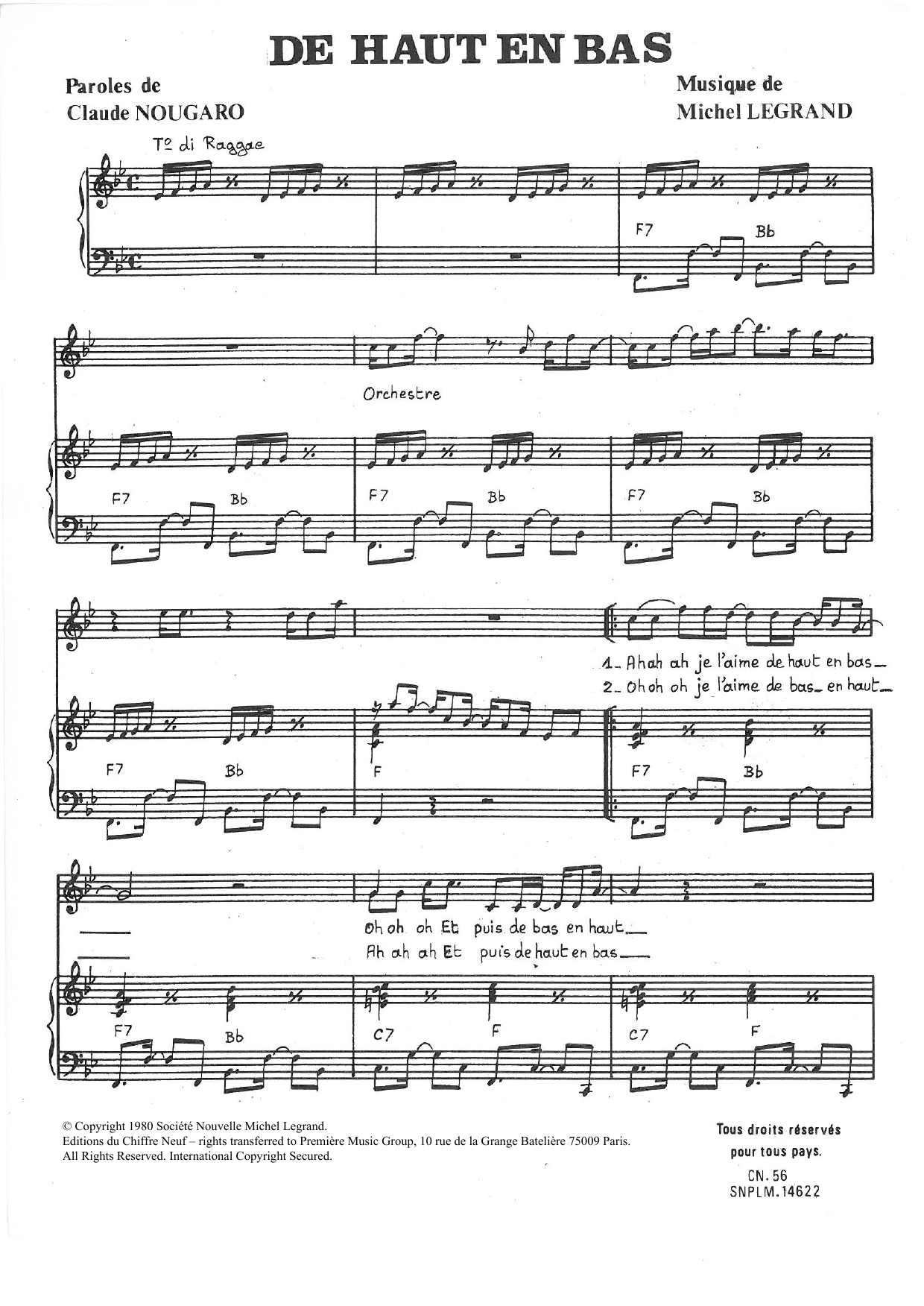 Download Claude Nougaro De Haut En Bas Sheet Music and learn how to play Piano & Vocal PDF digital score in minutes
