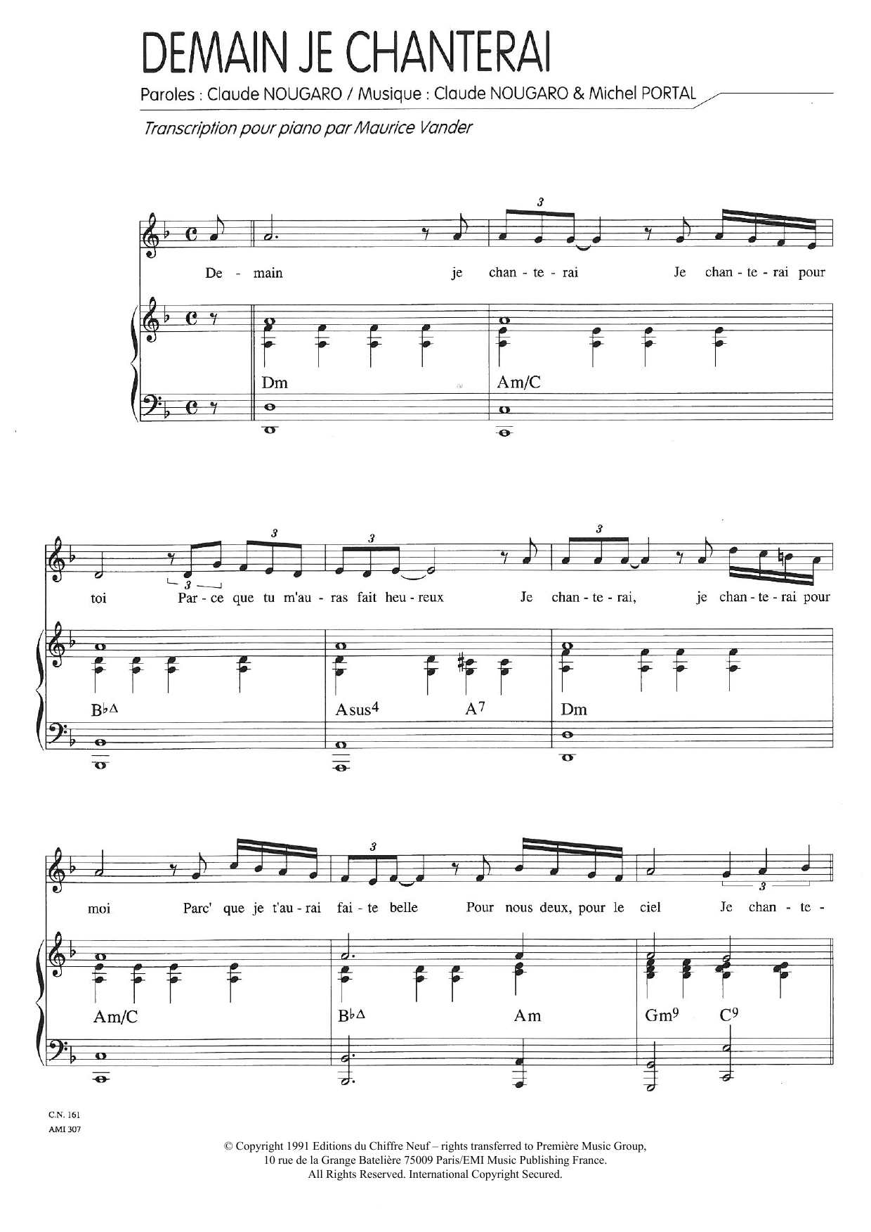 Download Claude Nougaro Demain Je Chanterai Sheet Music and learn how to play Piano & Vocal PDF digital score in minutes