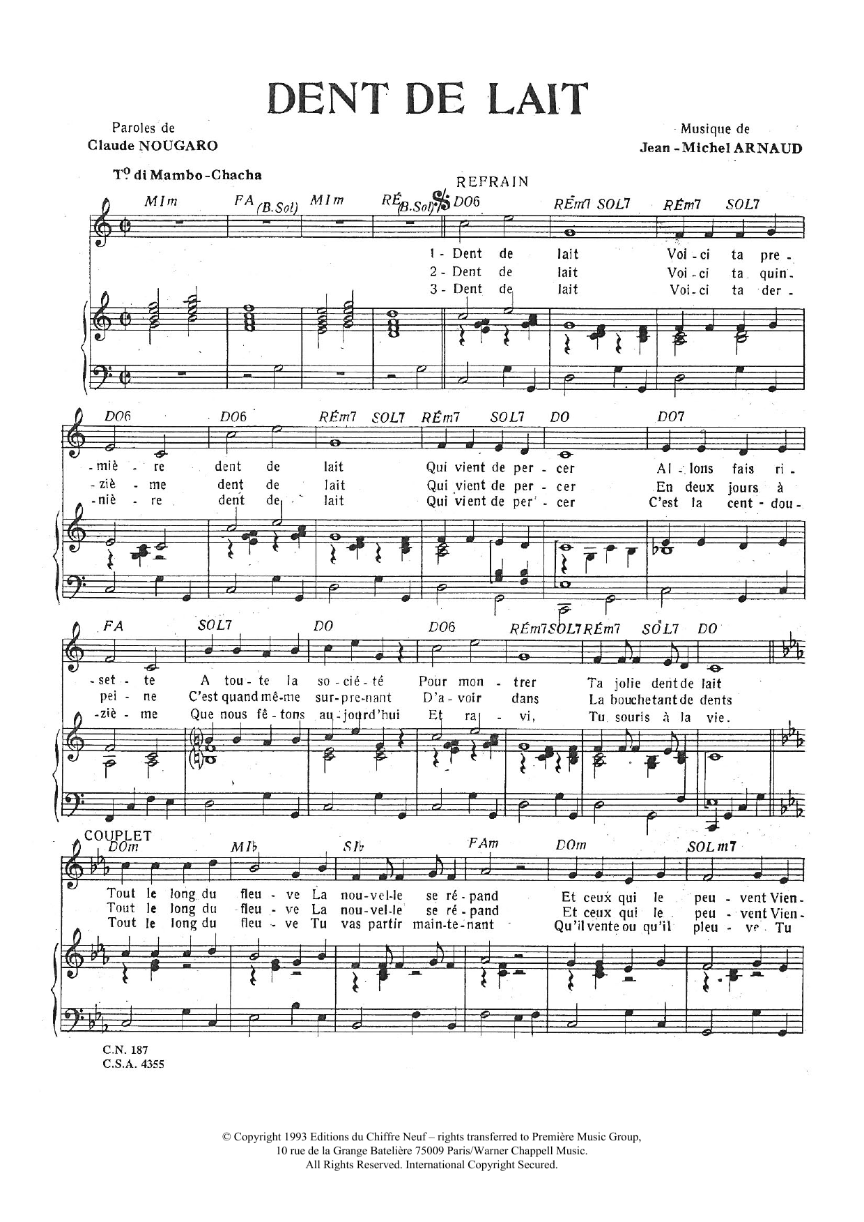 Download Claude Nougaro Dent De Lait Sheet Music and learn how to play Piano & Vocal PDF digital score in minutes