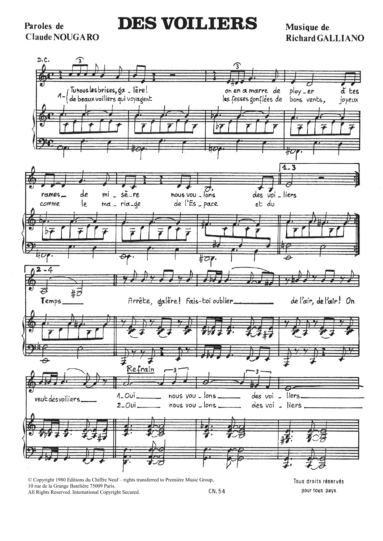 Download Claude Nougaro Des Voiliers Sheet Music and learn how to play Piano & Vocal PDF digital score in minutes
