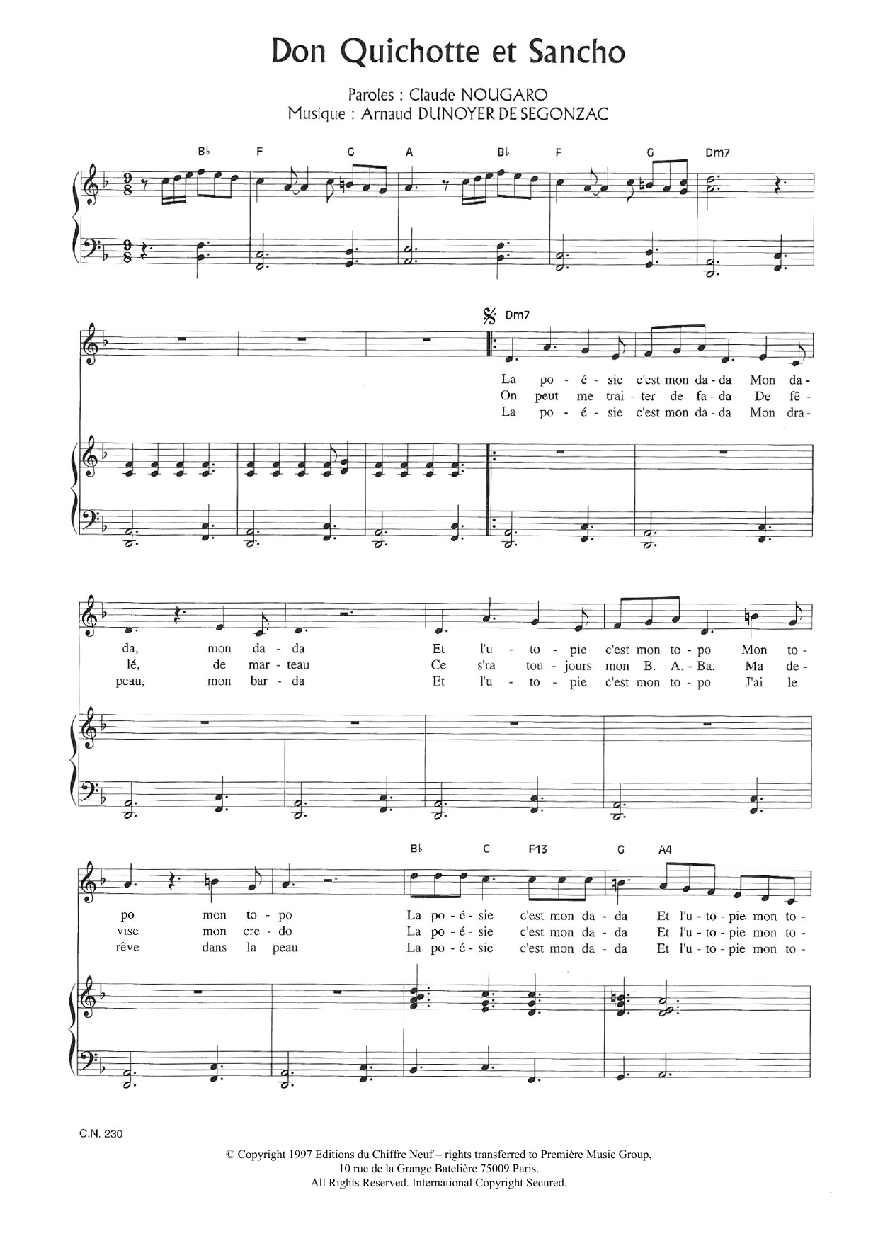 Download Claude Nougaro Don Quichotte Et Sancho Sheet Music and learn how to play Piano & Vocal PDF digital score in minutes