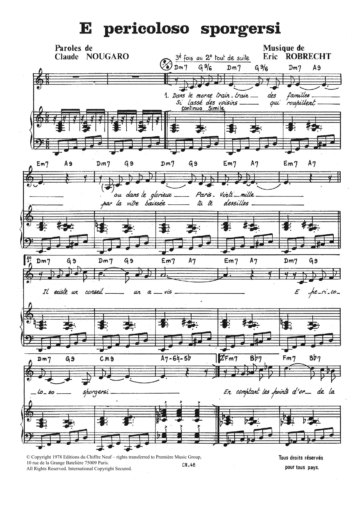 Download Claude Nougaro E Pericoloso Sporgersi Sheet Music and learn how to play Piano & Vocal PDF digital score in minutes