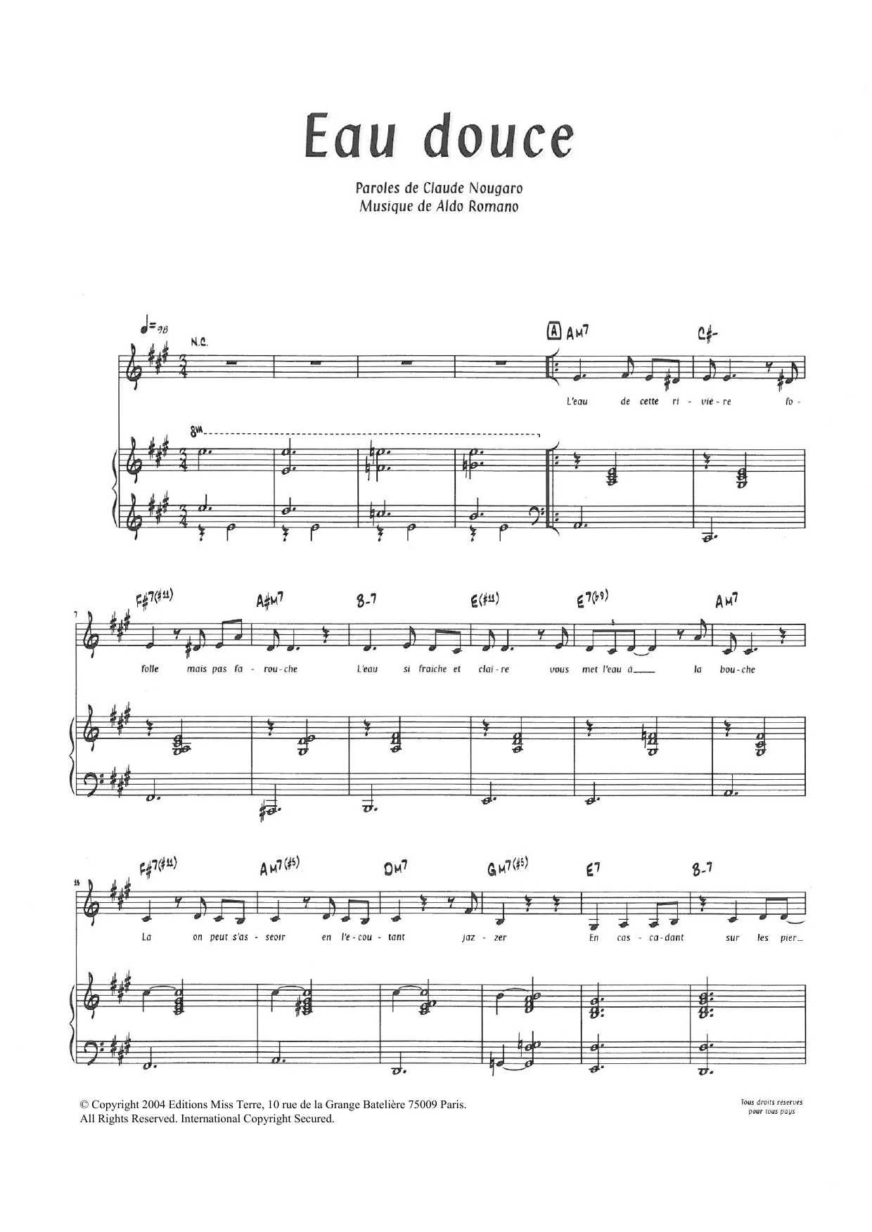 Download Claude Nougaro Eau Douce Sheet Music and learn how to play Piano & Vocal PDF digital score in minutes