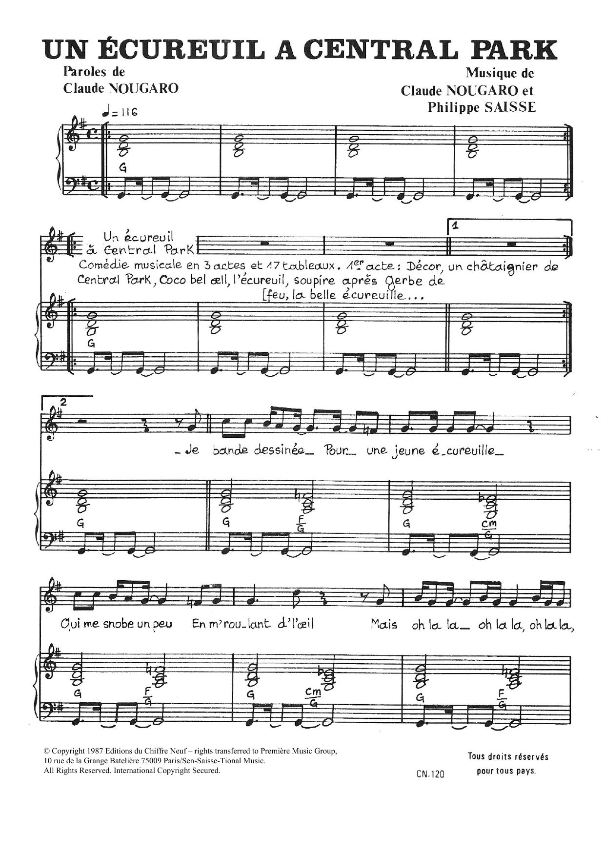 Download Claude Nougaro Ecureuil A Central Park Sheet Music and learn how to play Piano & Vocal PDF digital score in minutes