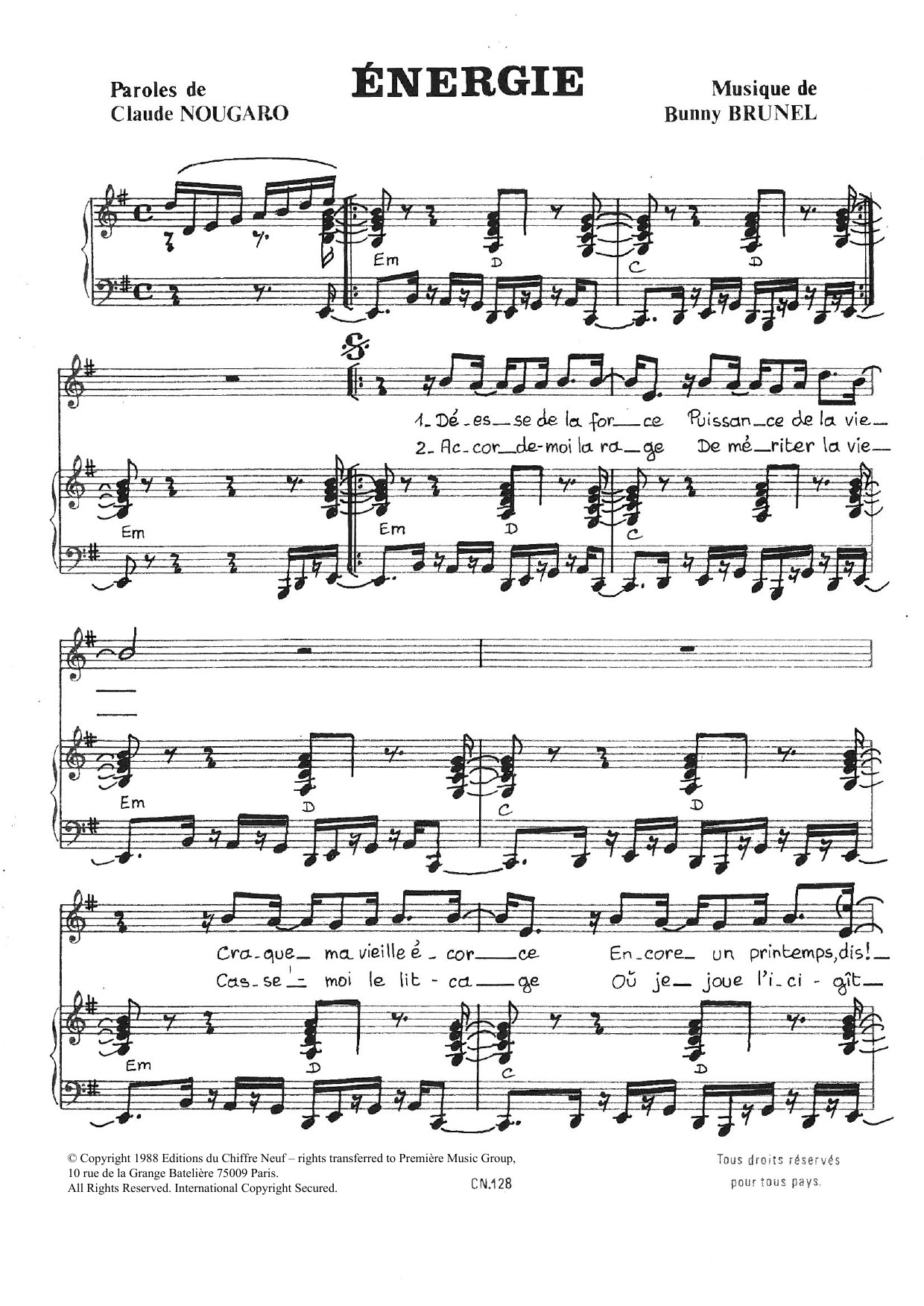 Download Claude Nougaro Energie Sheet Music and learn how to play Piano & Vocal PDF digital score in minutes