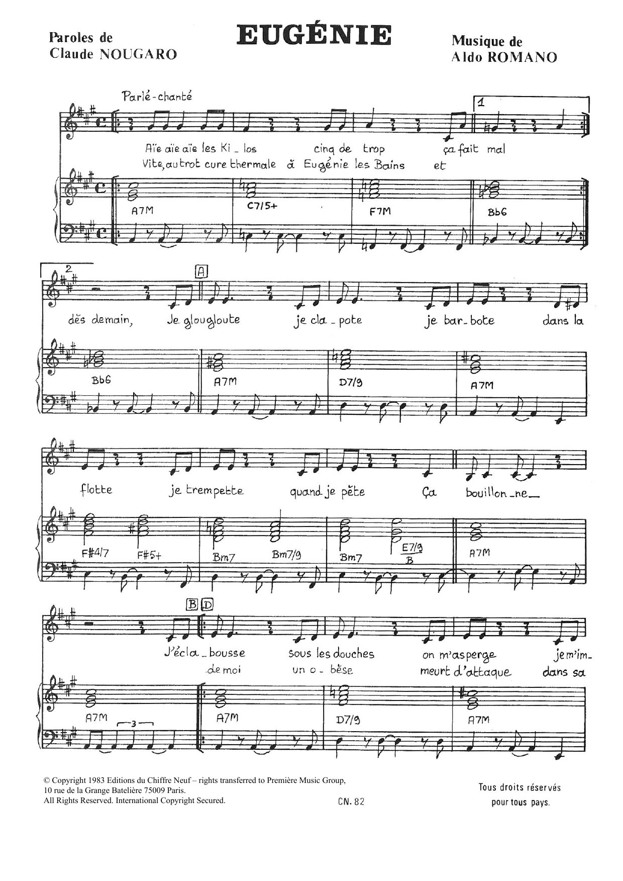 Download Claude Nougaro Eugenie Sheet Music and learn how to play Piano & Vocal PDF digital score in minutes