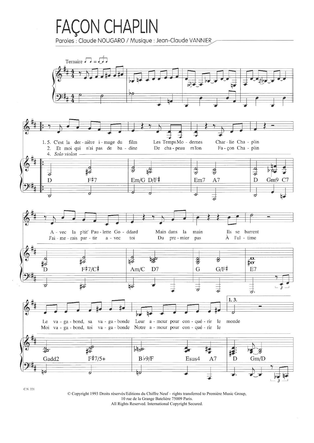 Download Claude Nougaro Facon Chaplin Sheet Music and learn how to play Piano & Vocal PDF digital score in minutes
