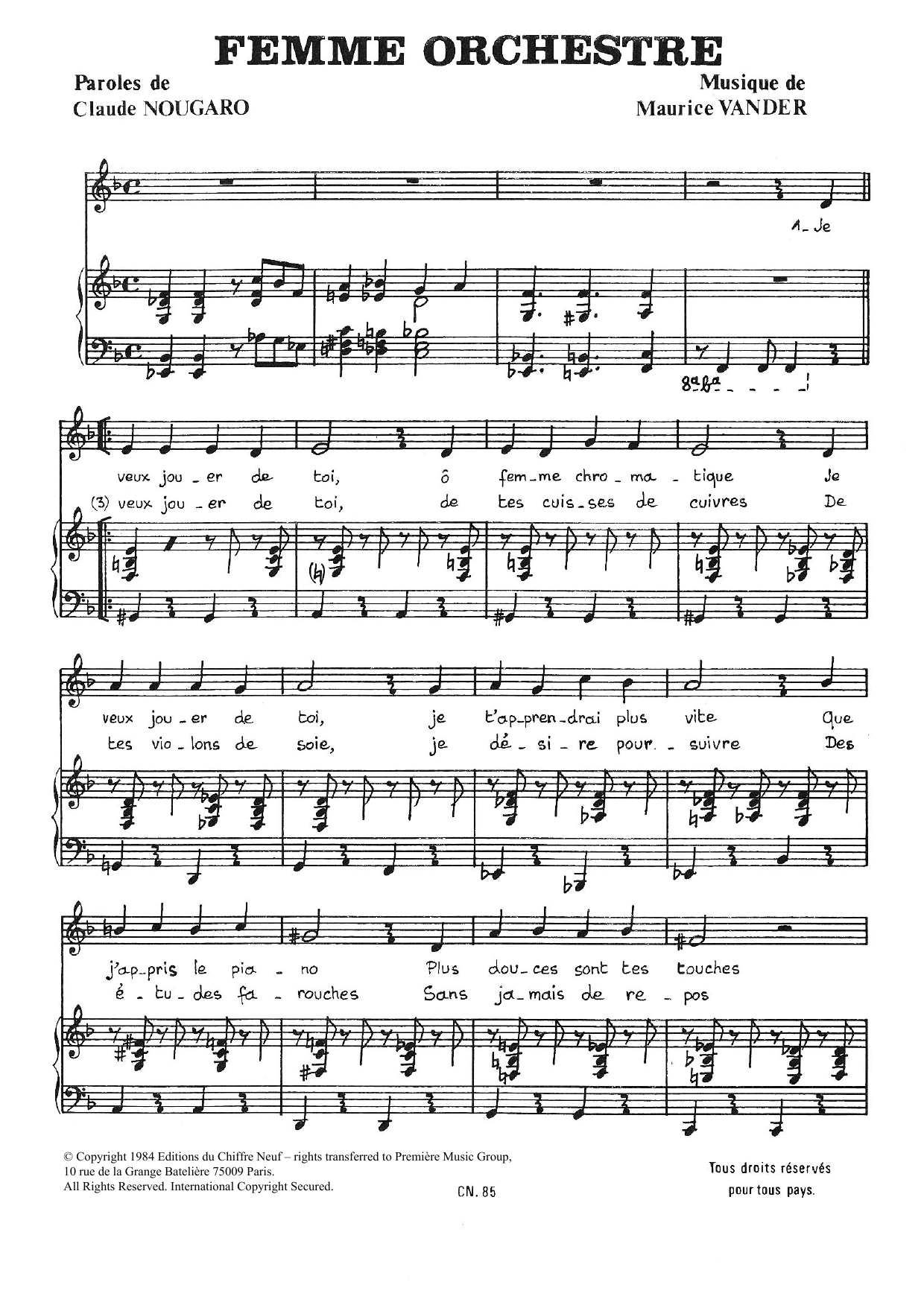 Download Claude Nougaro Femme Orchestre Sheet Music and learn how to play Piano & Vocal PDF digital score in minutes