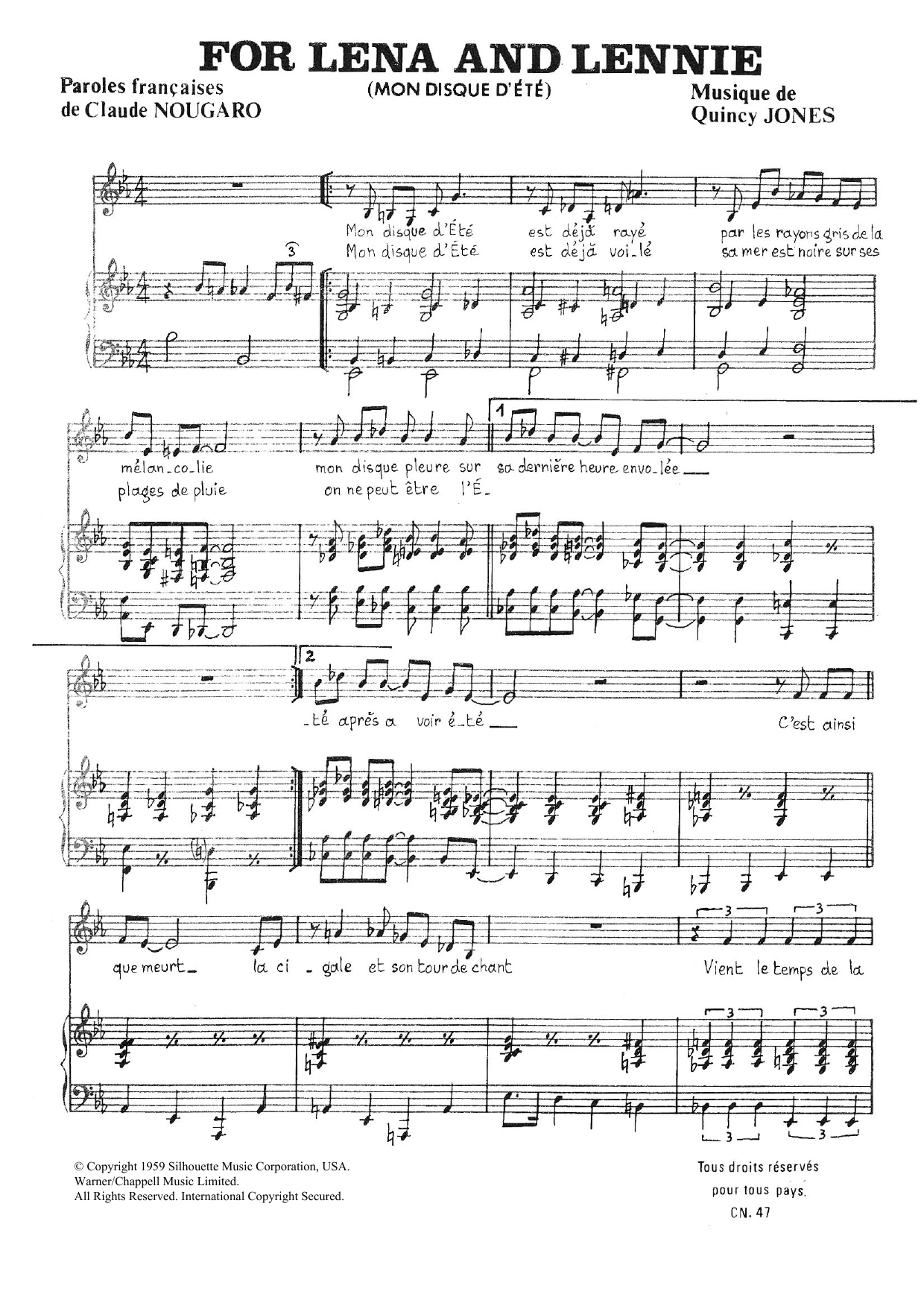 Download Claude Nougaro For Lena And Lenny Sheet Music and learn how to play Piano & Vocal PDF digital score in minutes