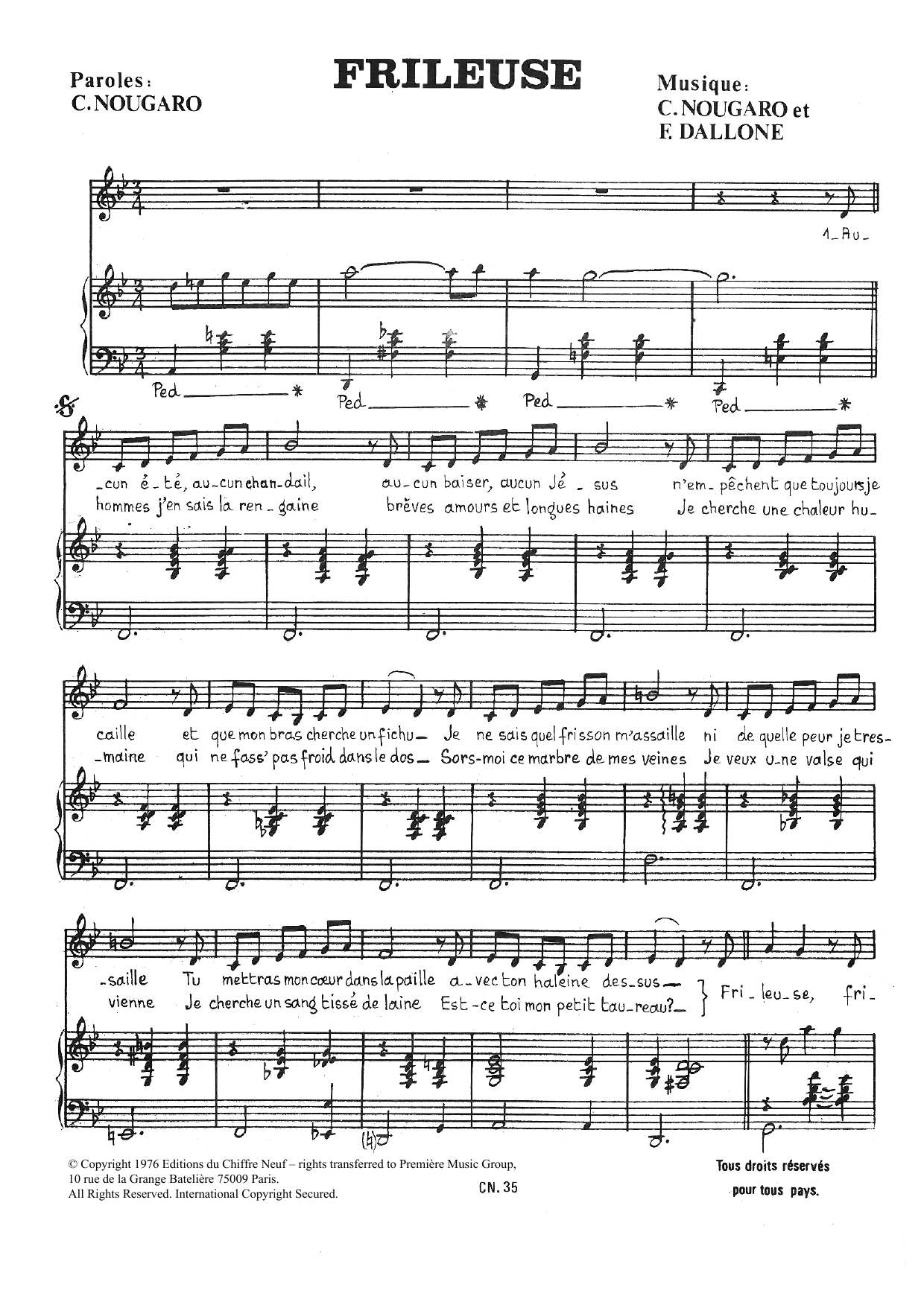 Download Claude Nougaro Frileuse Sheet Music and learn how to play Piano & Vocal PDF digital score in minutes