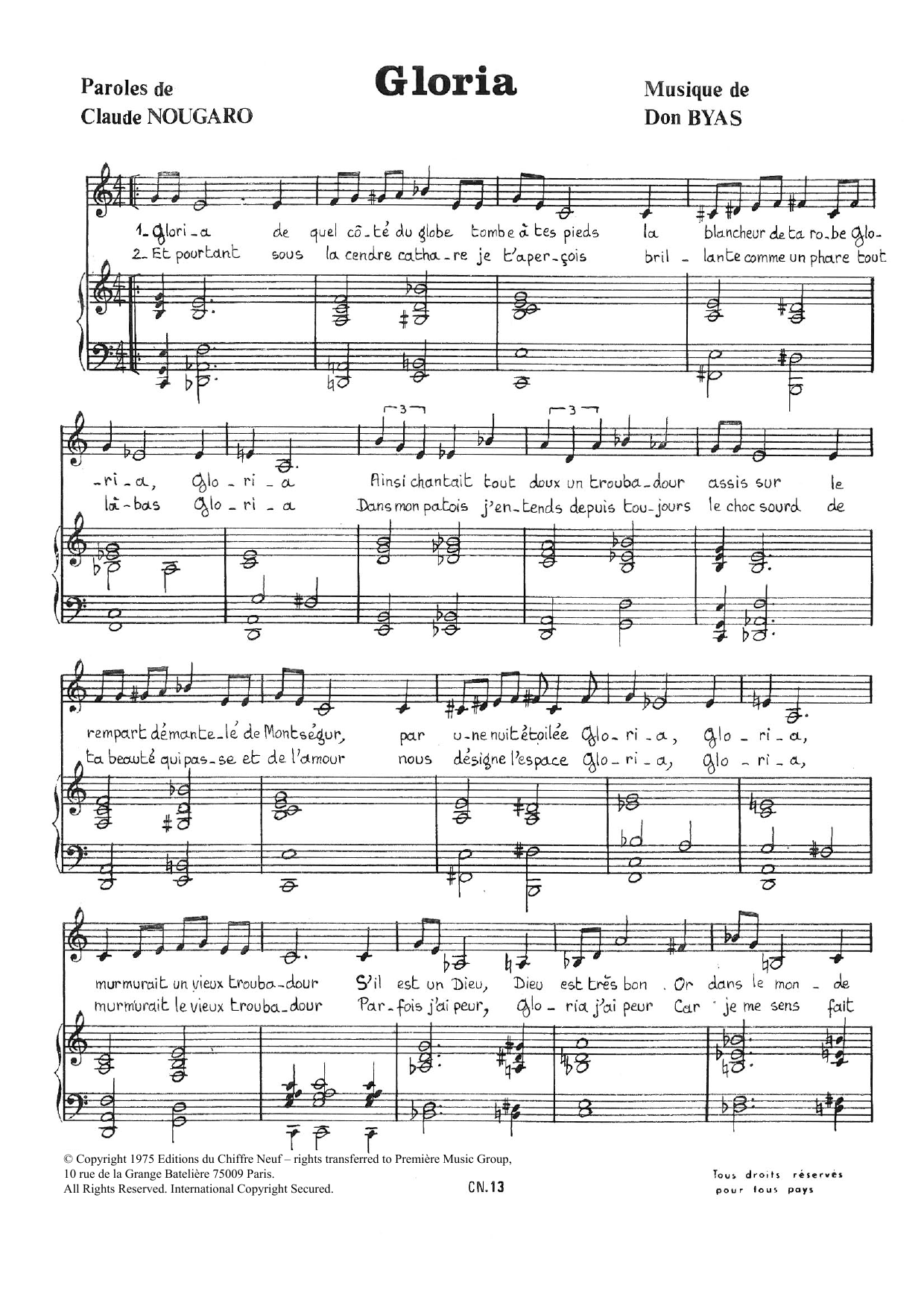 Download Claude Nougaro Gloria Sheet Music and learn how to play Piano & Vocal PDF digital score in minutes