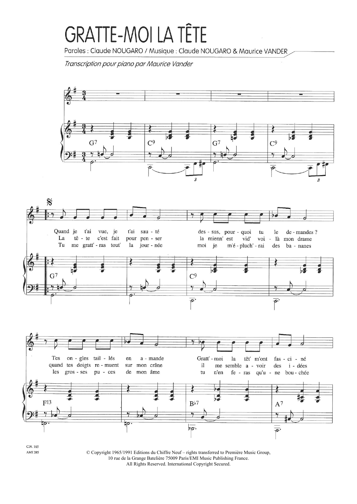 Download Claude Nougaro Gratte Moi La Tete Sheet Music and learn how to play Piano & Vocal PDF digital score in minutes
