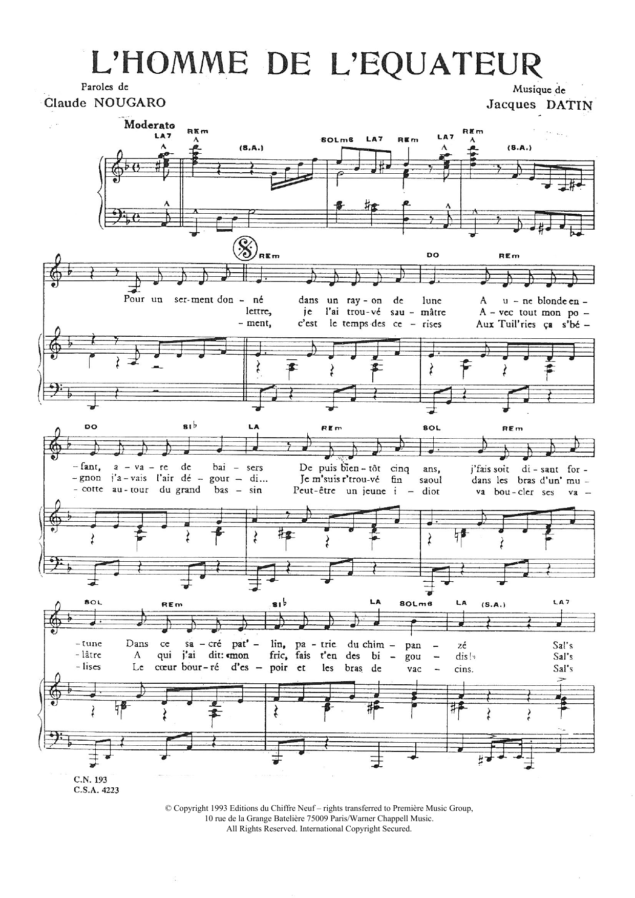 Download Claude Nougaro Homme De L'equateur Sheet Music and learn how to play Piano & Vocal PDF digital score in minutes