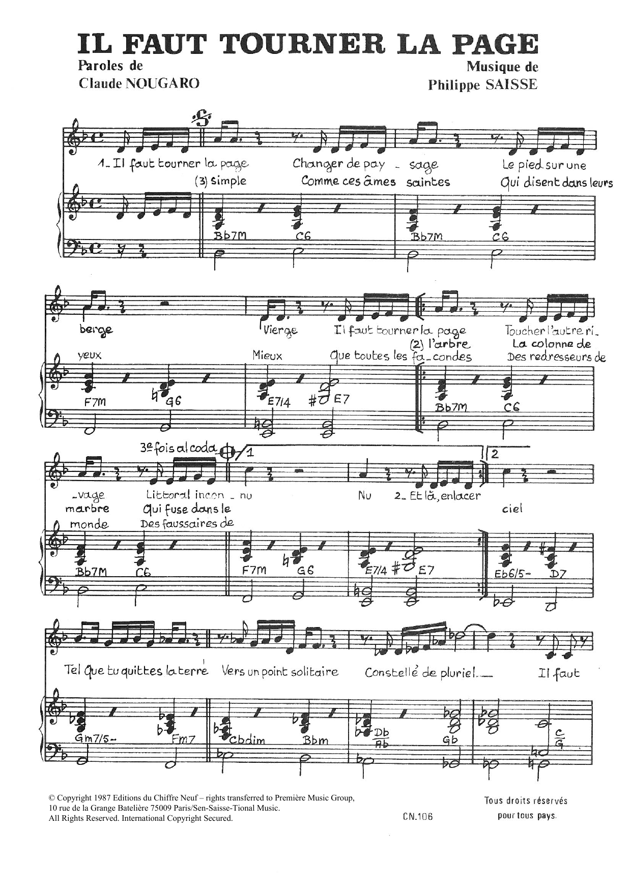 Download Claude Nougaro Il Faut Tourner La Page Sheet Music and learn how to play Piano & Vocal PDF digital score in minutes