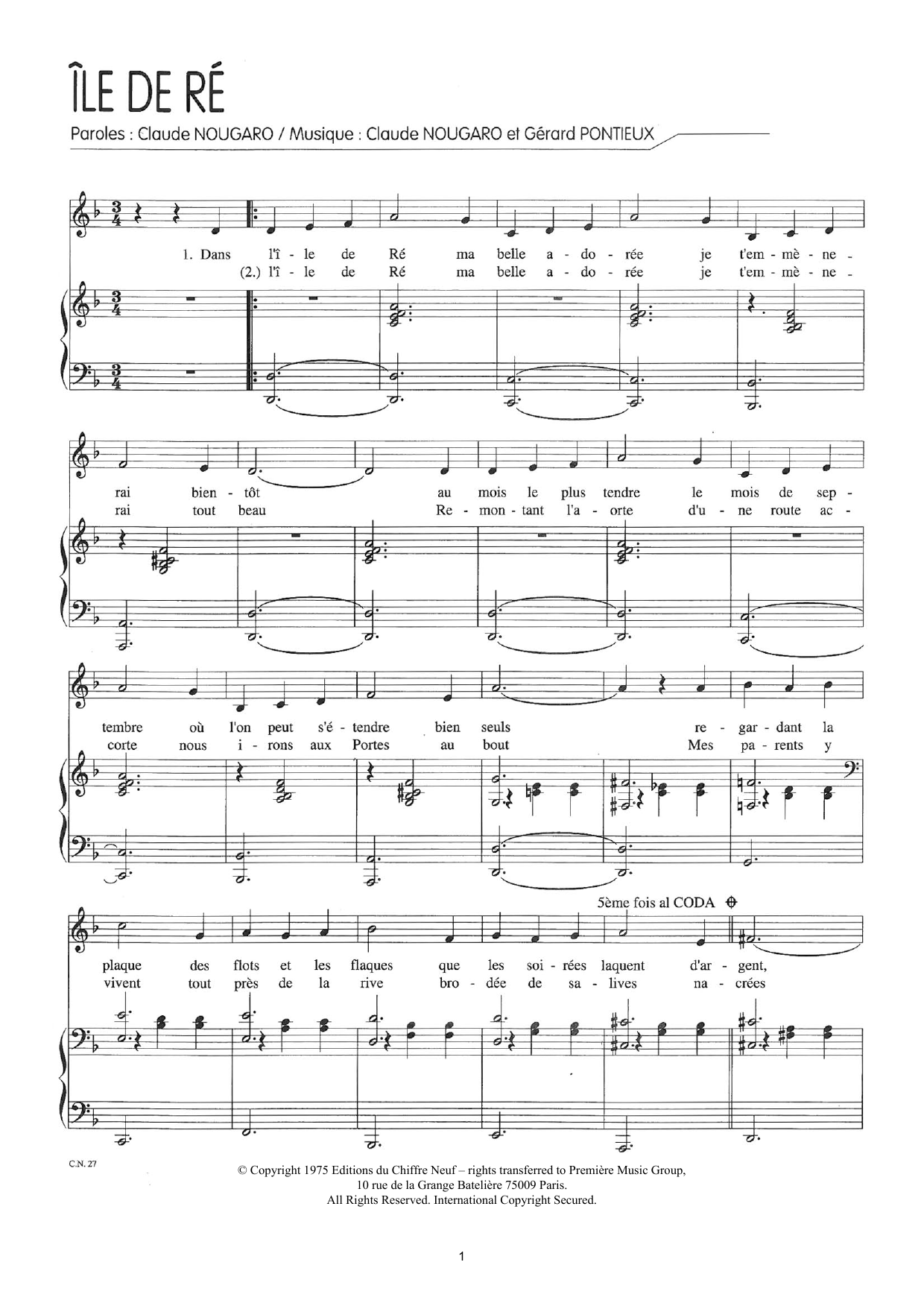 Download Claude Nougaro Ile De Re Sheet Music and learn how to play Piano & Vocal PDF digital score in minutes