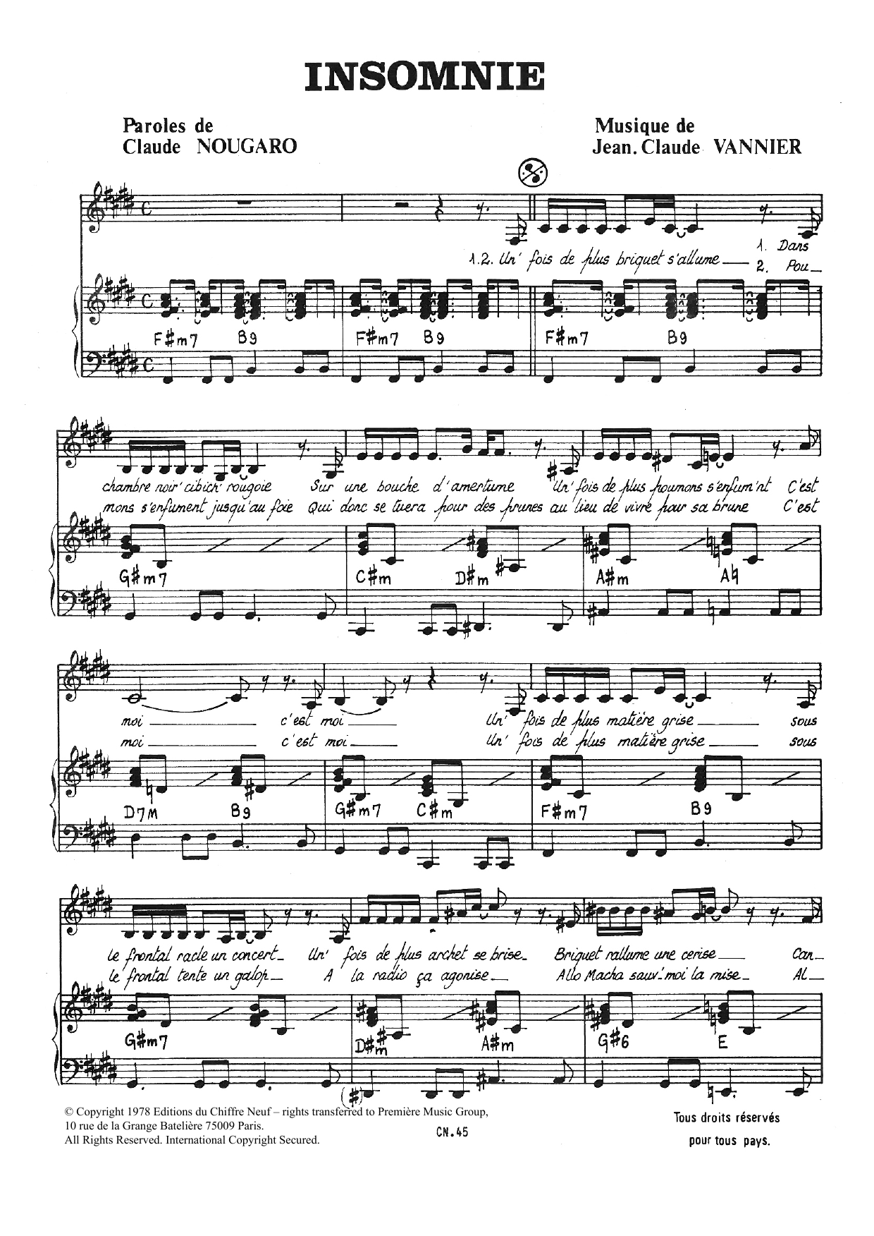 Download Claude Nougaro Insomnie Sheet Music and learn how to play Piano & Vocal PDF digital score in minutes