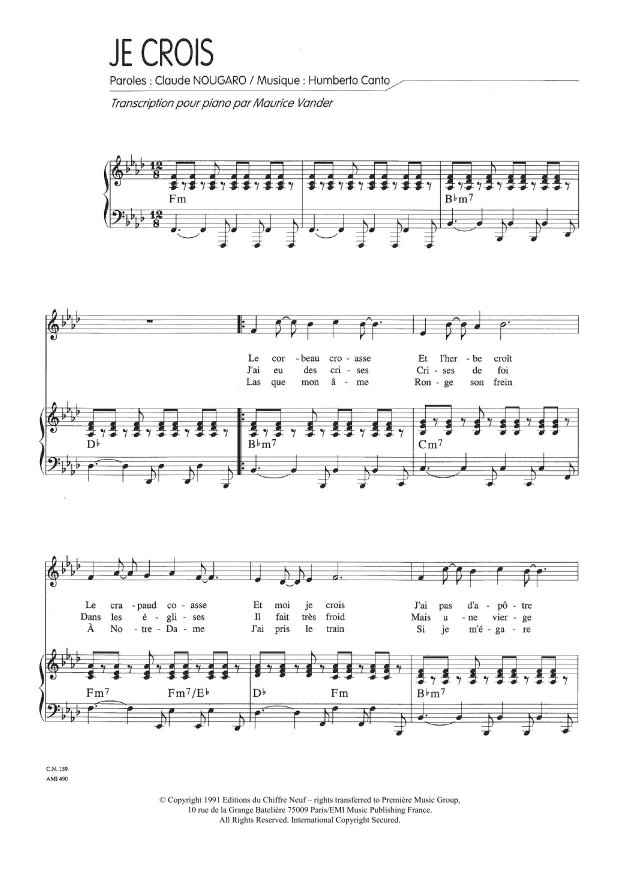 Download Claude Nougaro Je Crois (Imploracion Negra) Sheet Music and learn how to play Piano & Vocal PDF digital score in minutes