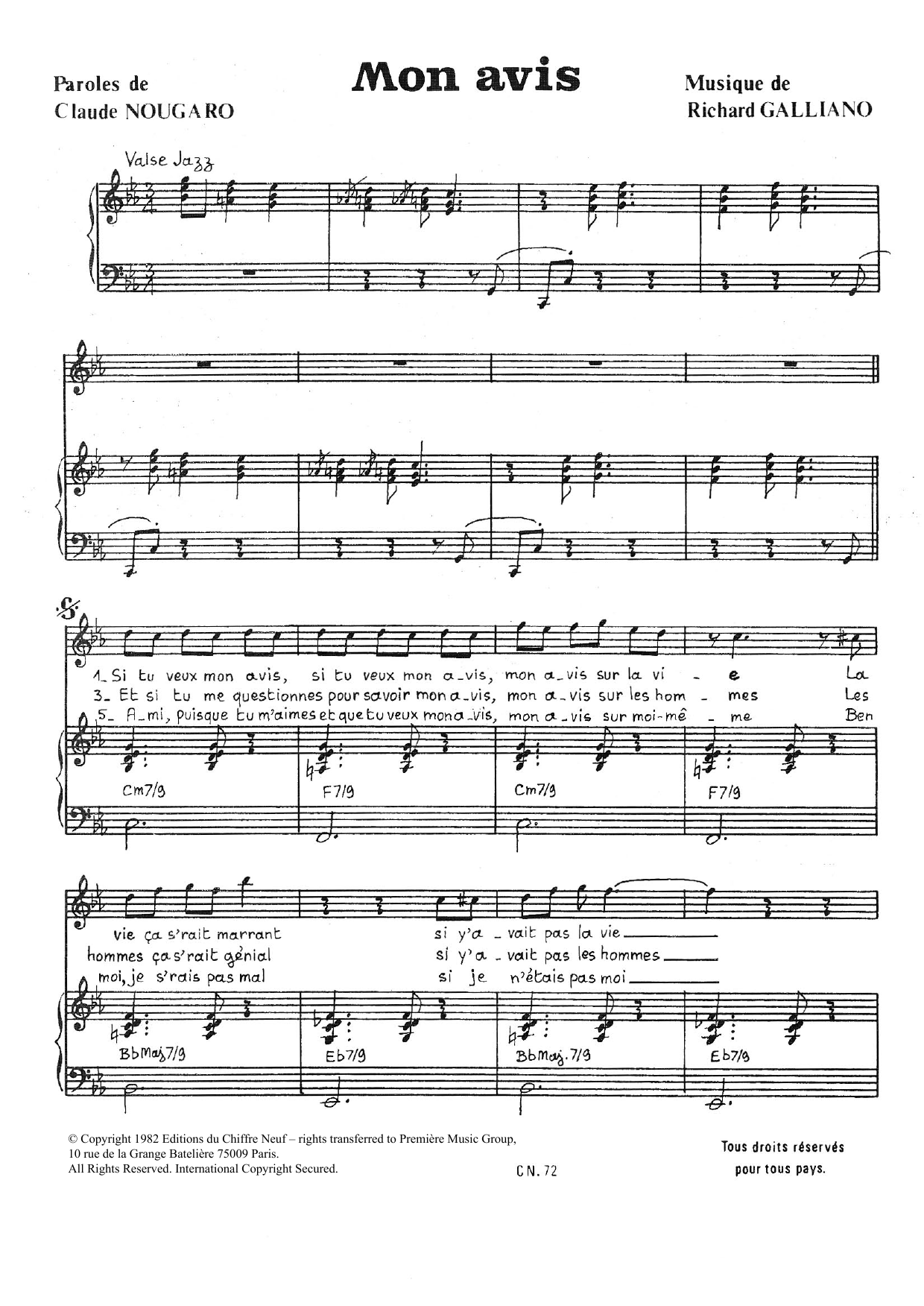 Download Claude Nougaro Je Ne Suis Pas De Mon Avis Sheet Music and learn how to play Piano & Vocal PDF digital score in minutes