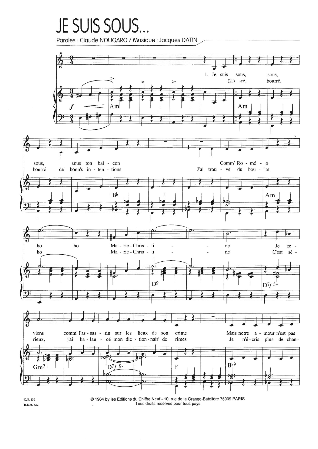 Download Claude Nougaro Je Suis Sous Sheet Music and learn how to play Piano & Vocal PDF digital score in minutes