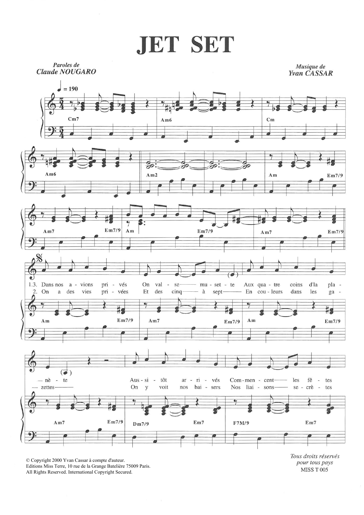 Download Claude Nougaro Jet Set Sheet Music and learn how to play Piano & Vocal PDF digital score in minutes