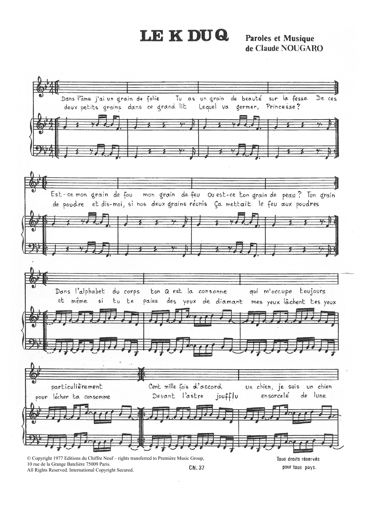 Download Claude Nougaro K Du Q Sheet Music and learn how to play Piano & Vocal PDF digital score in minutes