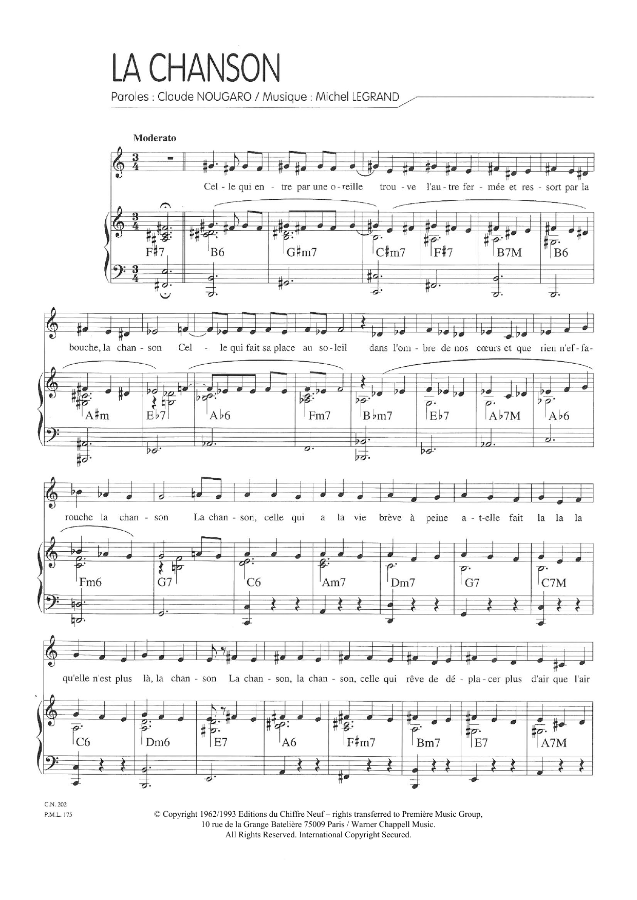 Download Claude Nougaro La Chanson Sheet Music and learn how to play Piano & Vocal PDF digital score in minutes
