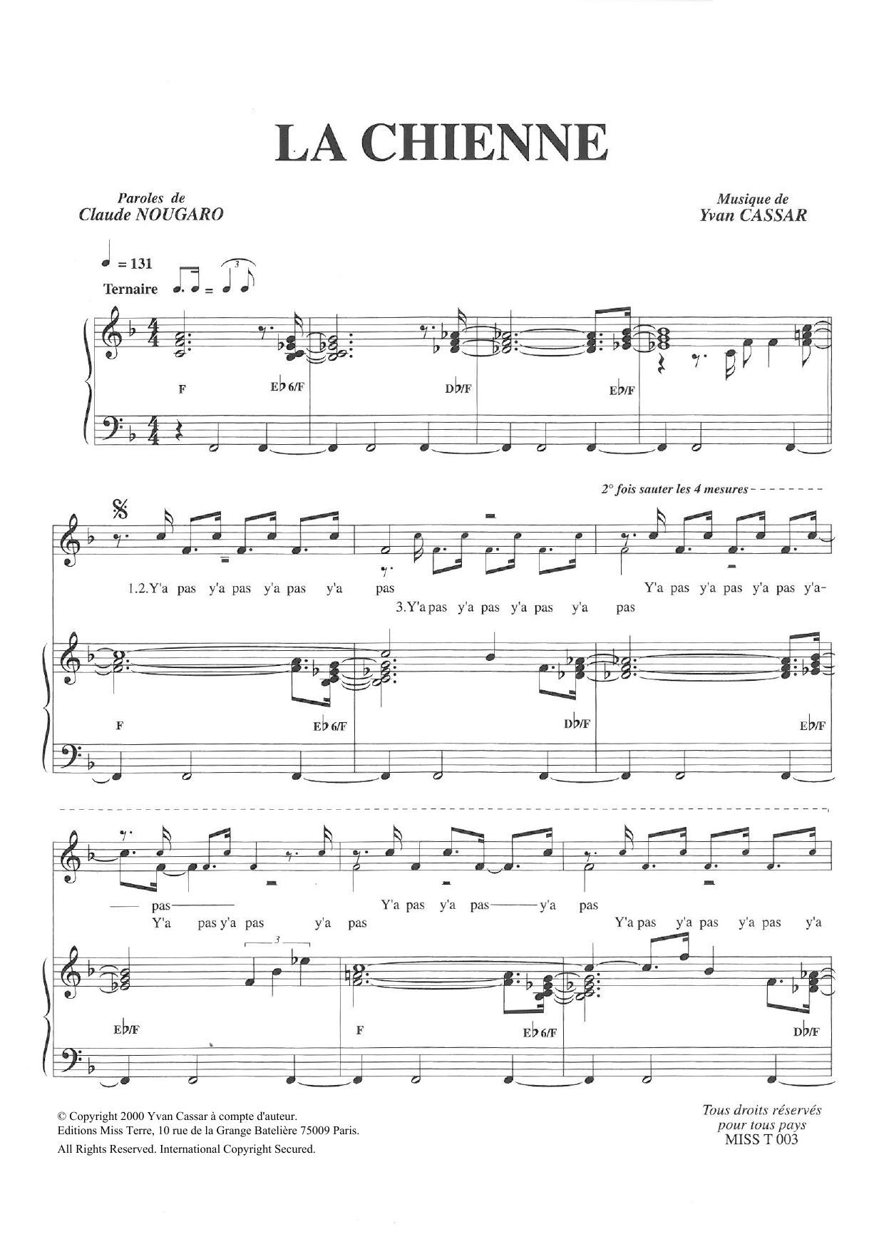 Download Claude Nougaro La Chienne Sheet Music and learn how to play Piano & Vocal PDF digital score in minutes