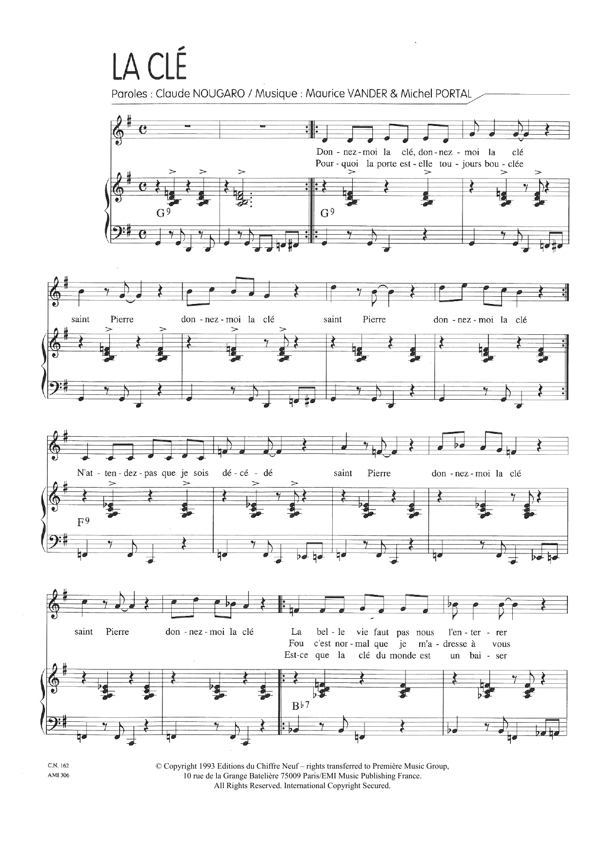 Download Claude Nougaro La Cle Sheet Music and learn how to play Piano & Vocal PDF digital score in minutes