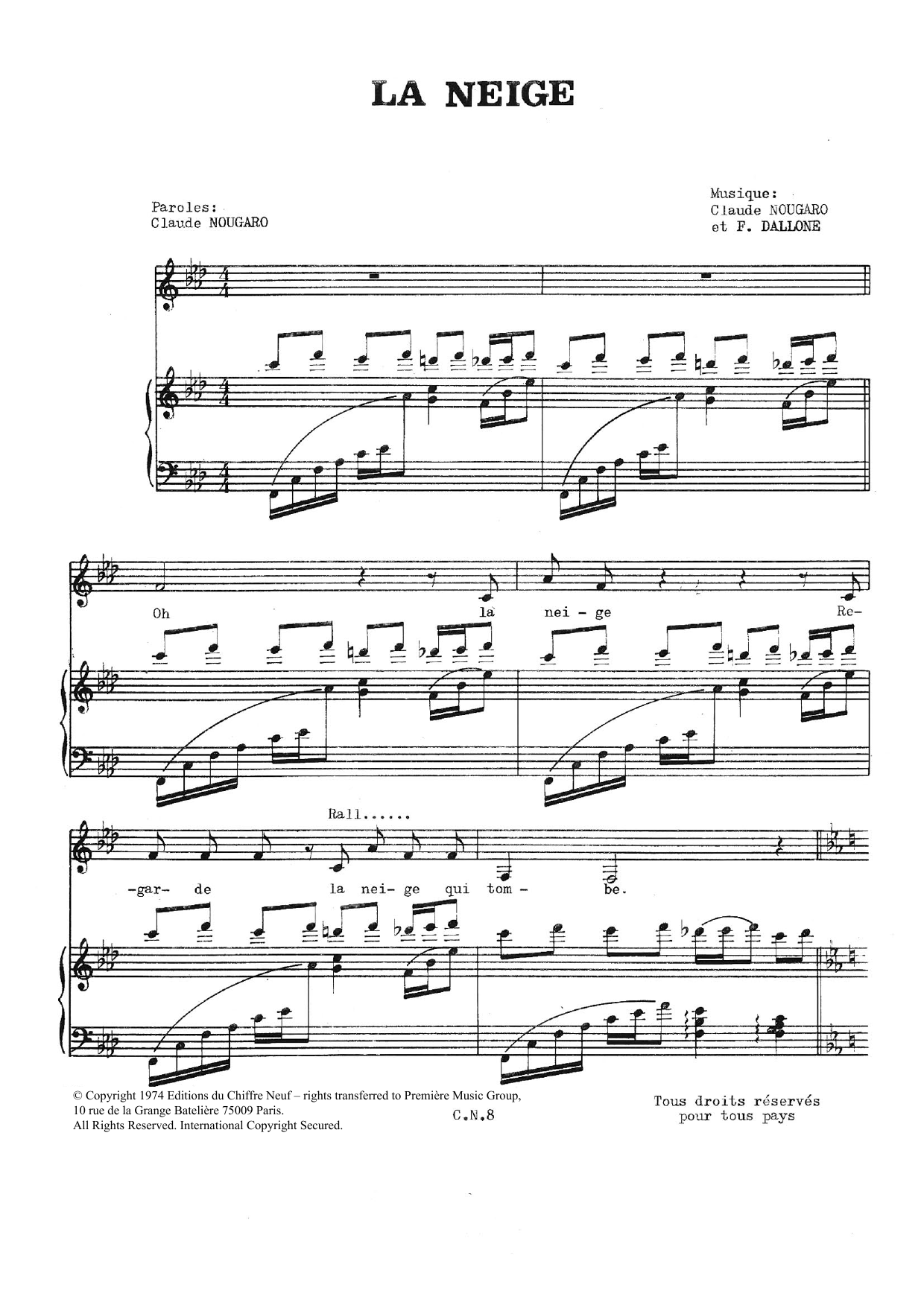 Download Claude Nougaro La Neige Sheet Music and learn how to play Piano & Vocal PDF digital score in minutes