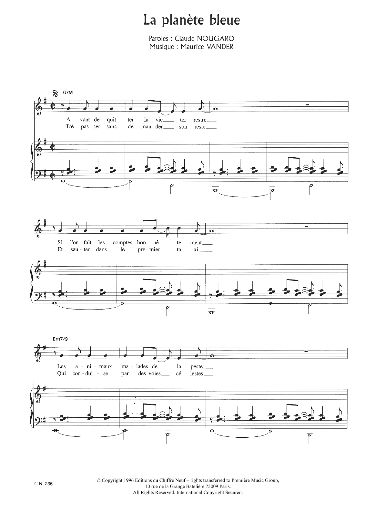 Download Claude Nougaro La Planete Bleue Sheet Music and learn how to play Piano & Vocal PDF digital score in minutes