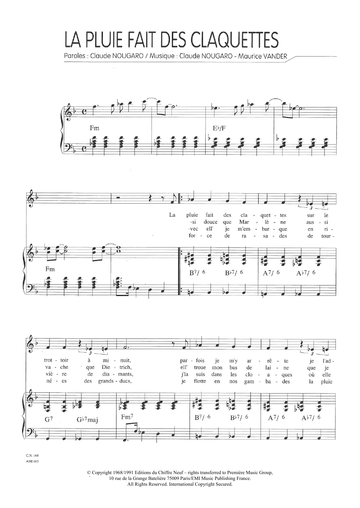 Download Claude Nougaro La Pluie Fait Des Claquettes Sheet Music and learn how to play Piano & Vocal PDF digital score in minutes