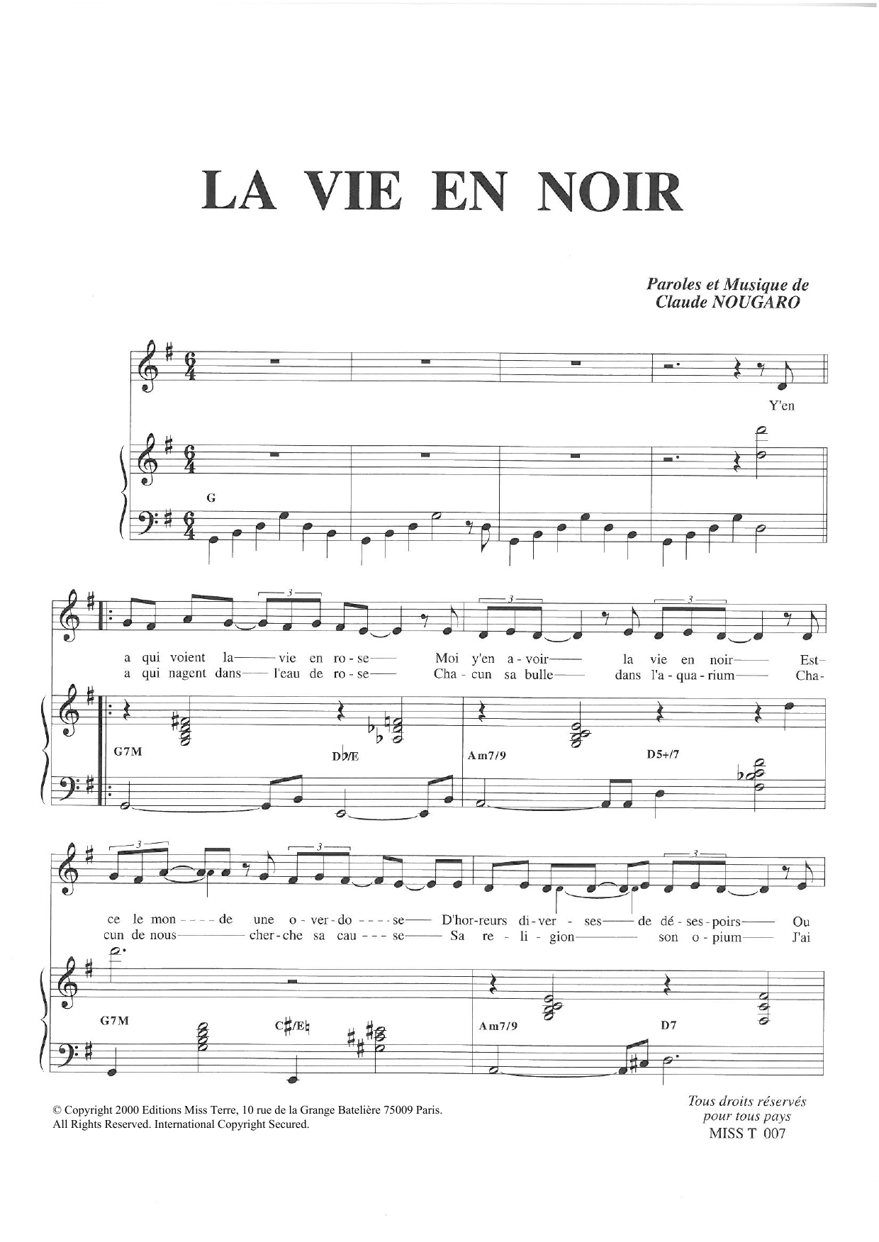 Download Claude Nougaro La Vie En Noir Sheet Music and learn how to play Piano & Vocal PDF digital score in minutes