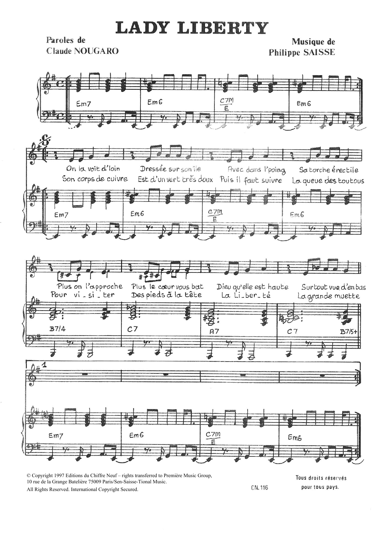 Download Claude Nougaro Lady Liberty Sheet Music and learn how to play Piano & Vocal PDF digital score in minutes