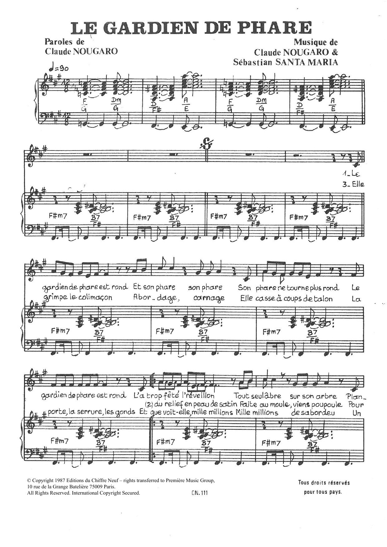 Download Claude Nougaro Le Gardien De Phare Sheet Music and learn how to play Piano & Vocal PDF digital score in minutes