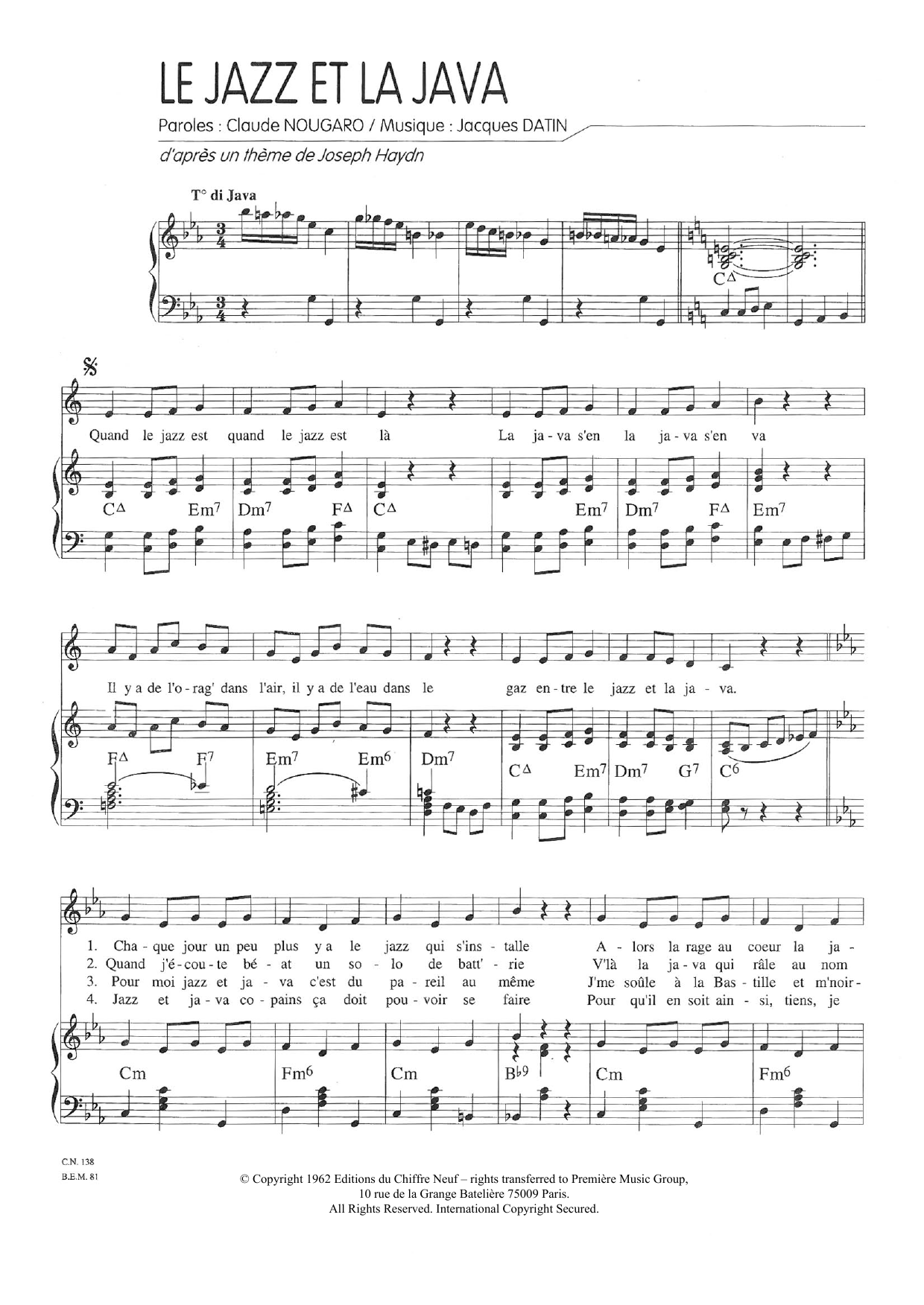Download Claude Nougaro Le Jazz Et La Java Sheet Music and learn how to play Piano & Vocal PDF digital score in minutes