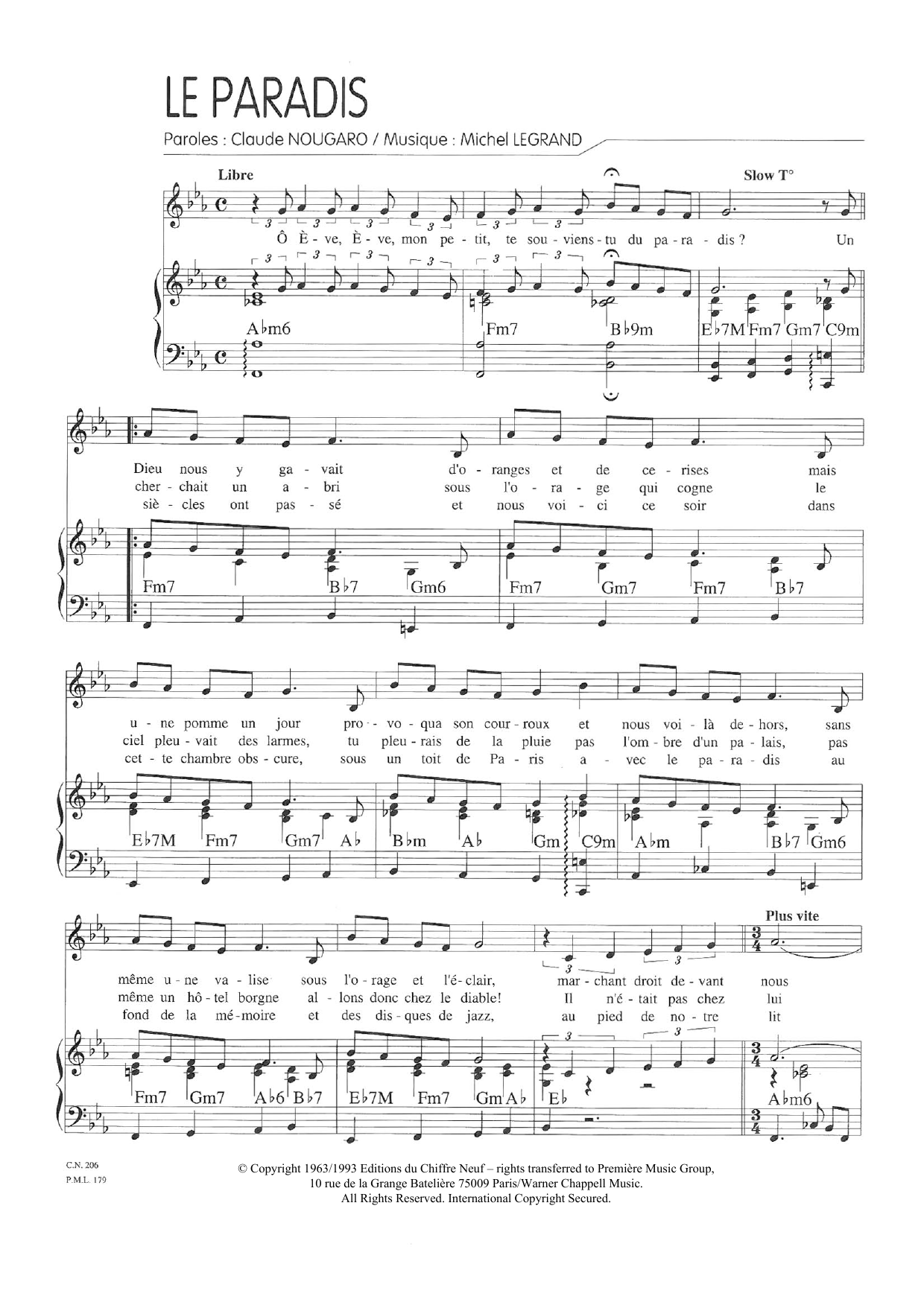 Download Claude Nougaro Le Paradis Sheet Music and learn how to play Piano & Vocal PDF digital score in minutes