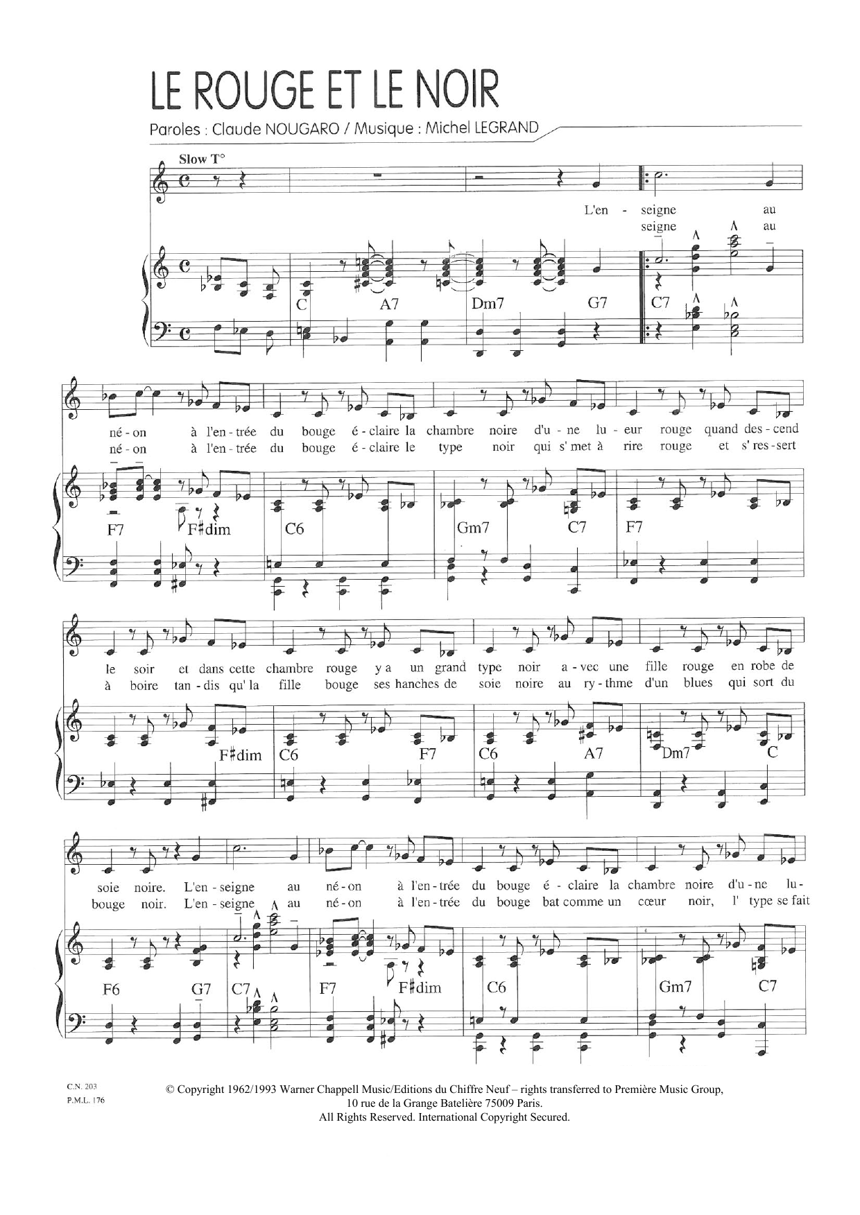 Download Claude Nougaro Le Rouge Et Le Noir Sheet Music and learn how to play Piano & Vocal PDF digital score in minutes