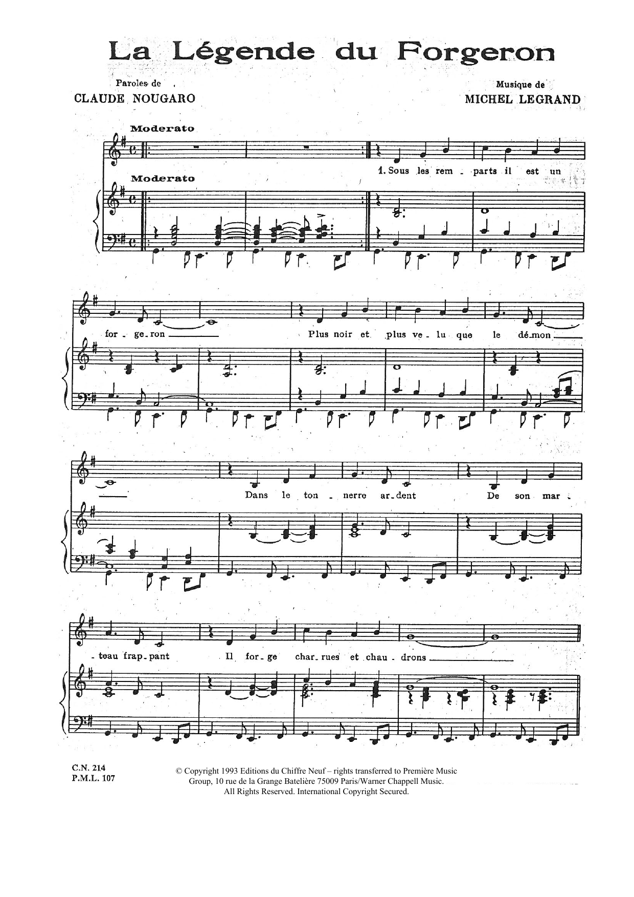 Download Claude Nougaro Legende Du Forgeron Sheet Music and learn how to play Piano & Vocal PDF digital score in minutes