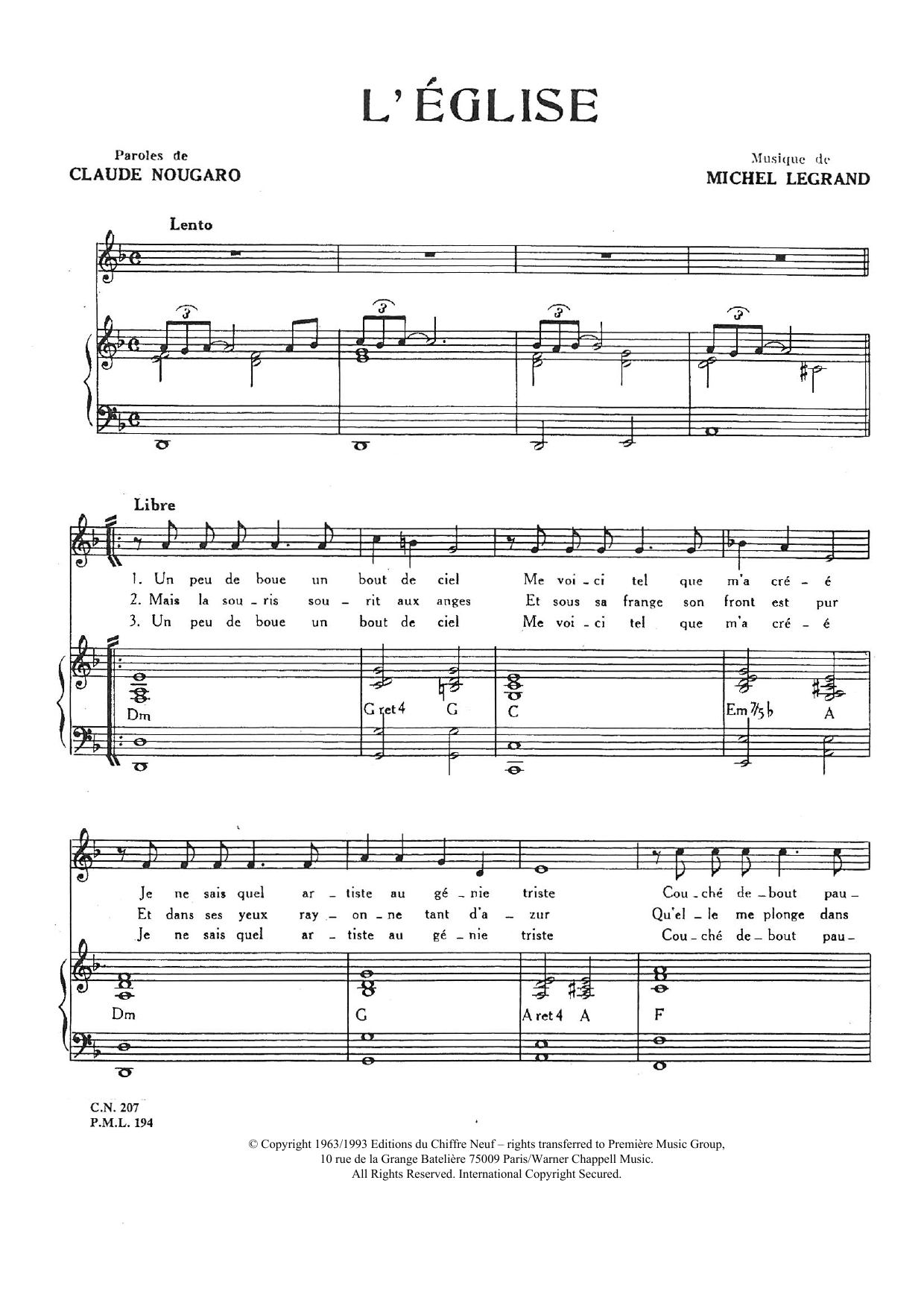 Download Claude Nougaro L'eglise Sheet Music and learn how to play Piano & Vocal PDF digital score in minutes