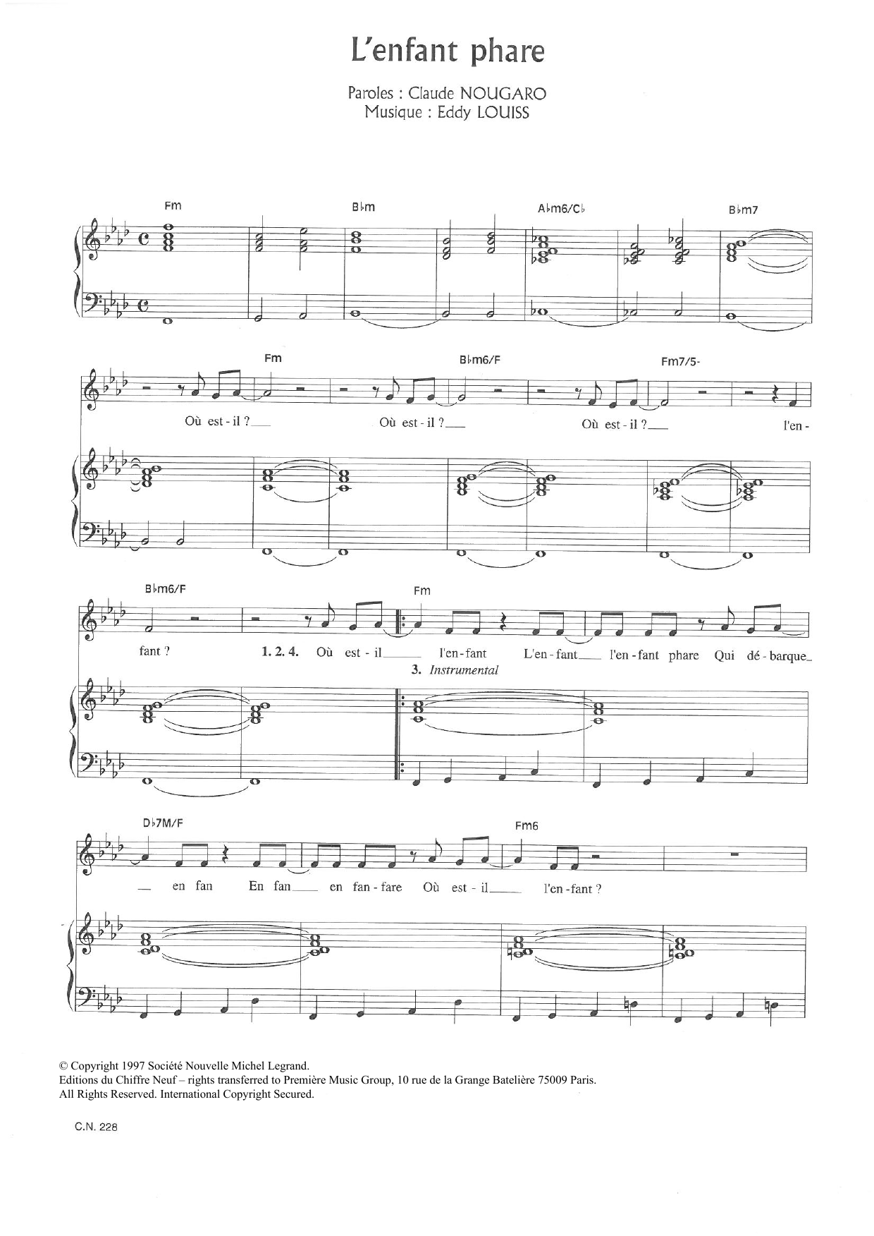 Download Claude Nougaro L'Enfant Phare Sheet Music and learn how to play Piano & Vocal PDF digital score in minutes