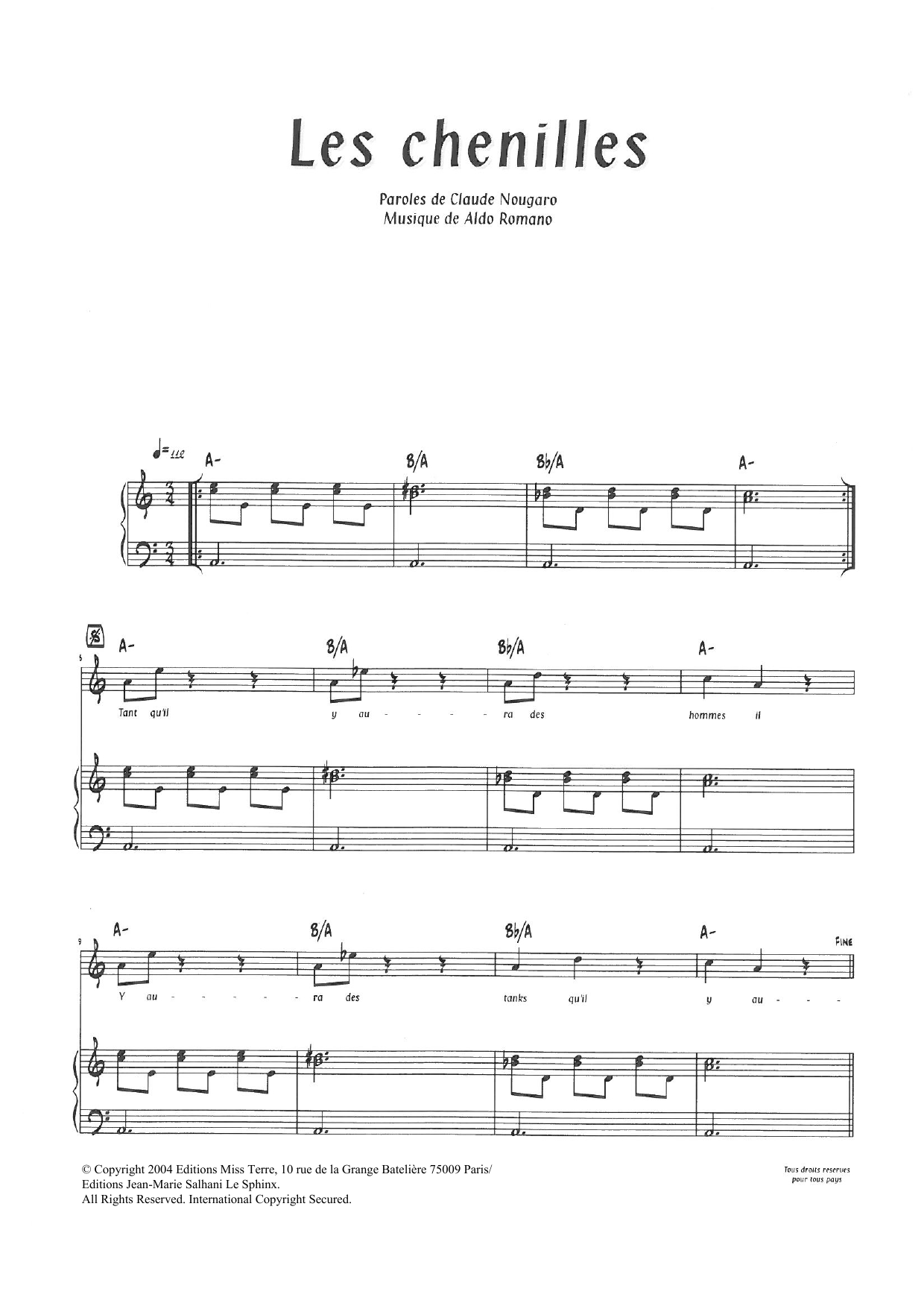 Download Claude Nougaro Les Chenilles Sheet Music and learn how to play Piano & Vocal PDF digital score in minutes