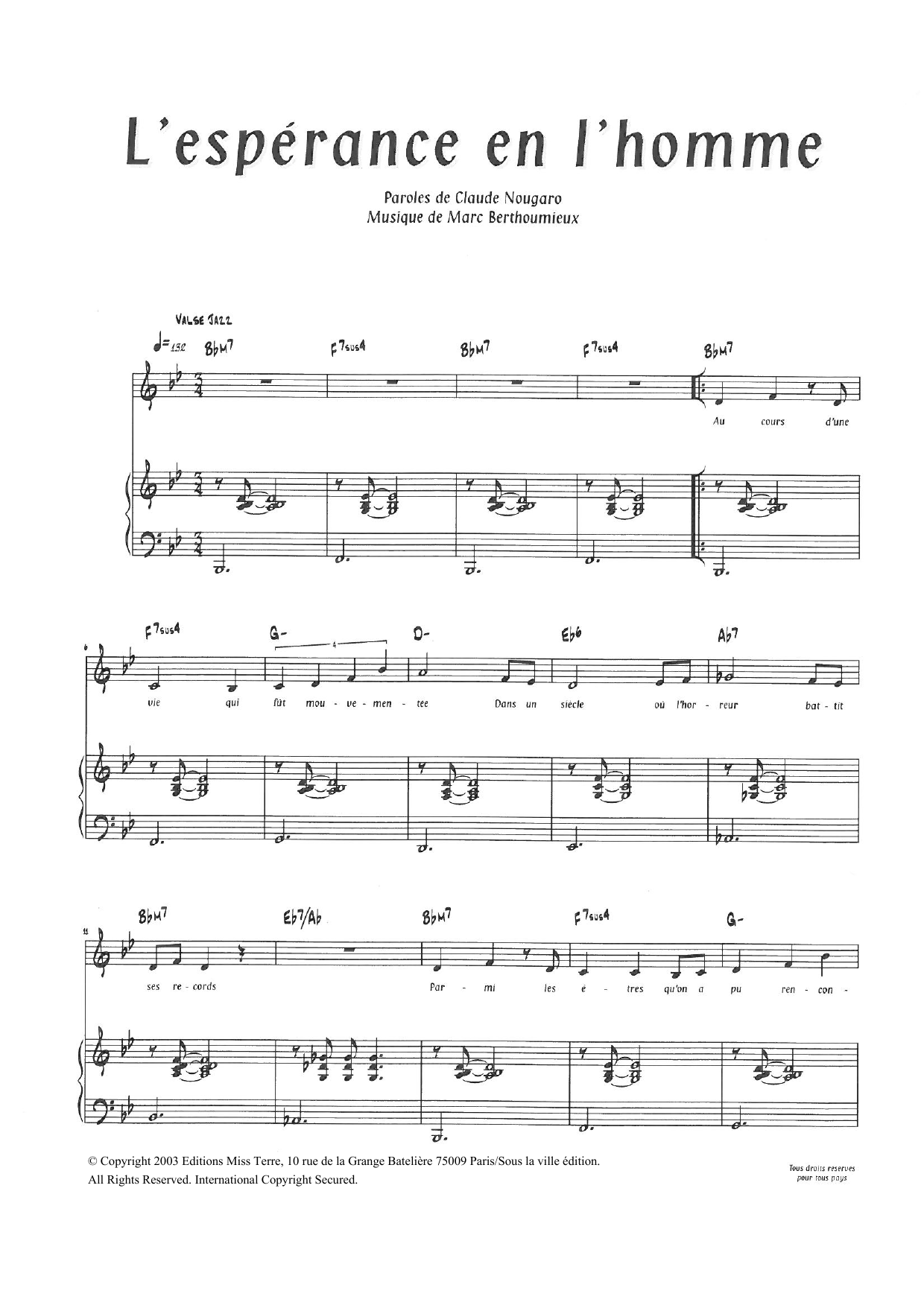 Download Claude Nougaro L'Esperance En L'Homme Sheet Music and learn how to play Piano & Vocal PDF digital score in minutes