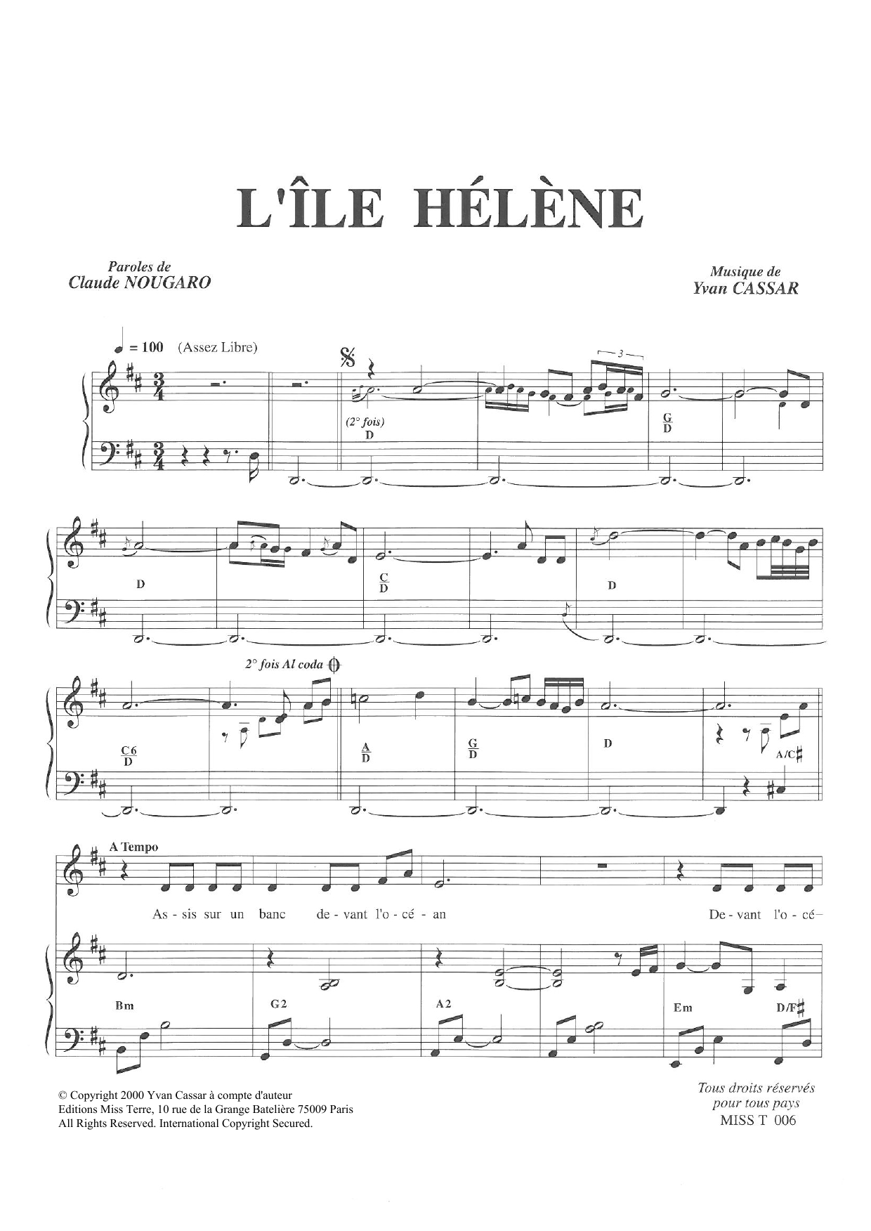Download Claude Nougaro L'Ile Helene Sheet Music and learn how to play Piano & Vocal PDF digital score in minutes