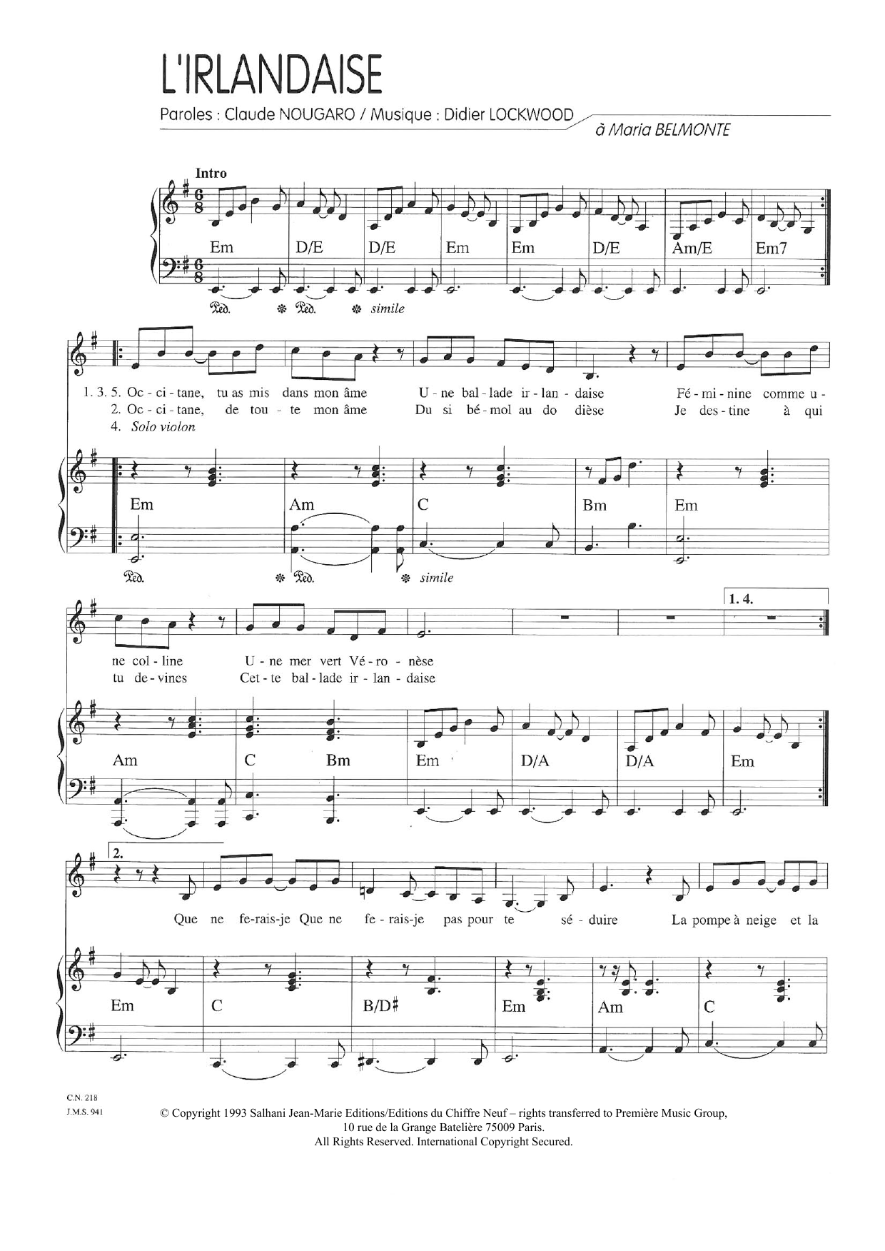 Download Claude Nougaro L'Irlandaise Sheet Music and learn how to play Piano & Vocal PDF digital score in minutes